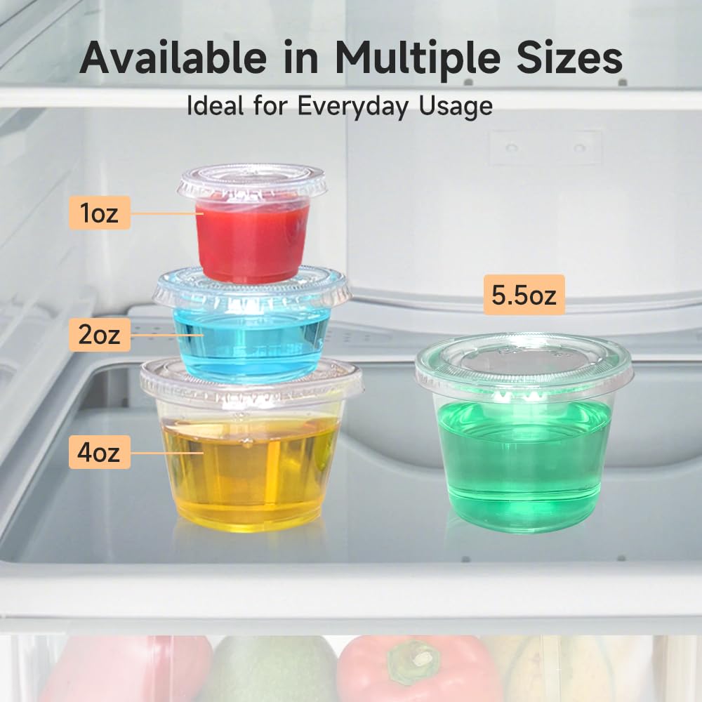 120 Pack 1oz Small Plastic Condiment Cups with Lids - Disposable Portion Containers for Sauces, Dressings, Dips - Perfect for Lunch Boxes, Parties, Picnics, Travel & Meal Prep