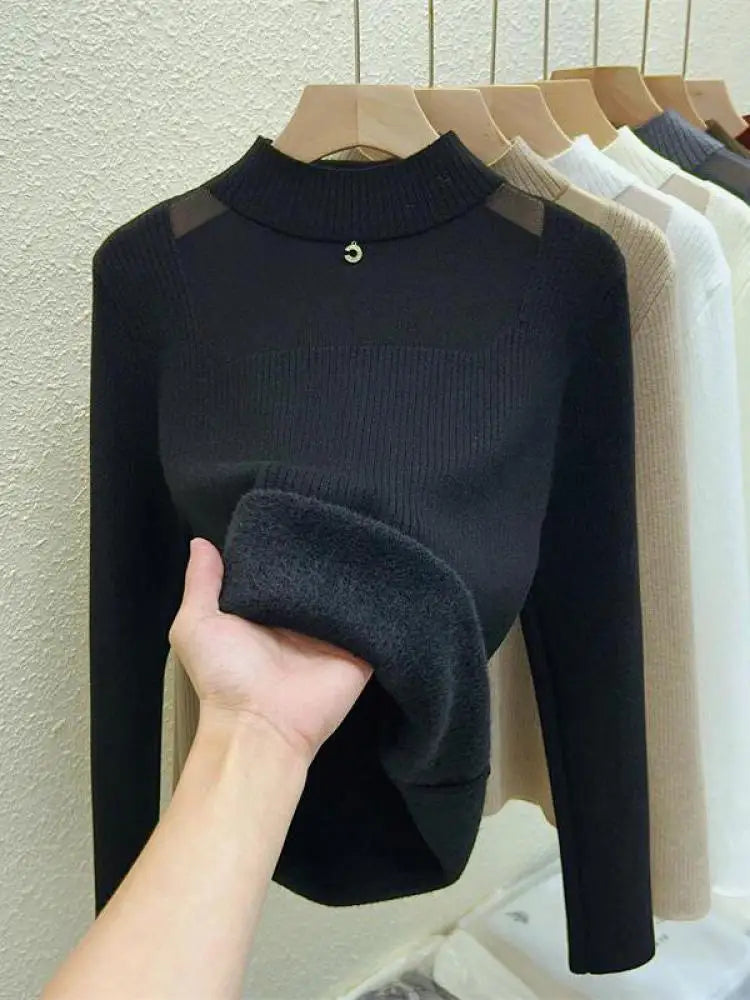 Women's Korean Fashion Velvet Sweater - Solid Color Warm Round Neck Long Sleeve Knit Pullover for Autumn Winter | Cozy Thick Knitwear for Office, Dating & Casual Outfits