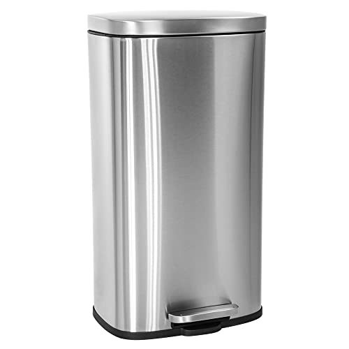 Fingerprint Proof Stainless Steel Trash Can with Removable Inner Bucket - 30L/8 Gallon Rectangular Kitchen Garbage Bin with Hinged Lid & Foot Pedal - Odor Control Waste Bin for Home, Office & Restaurant Use