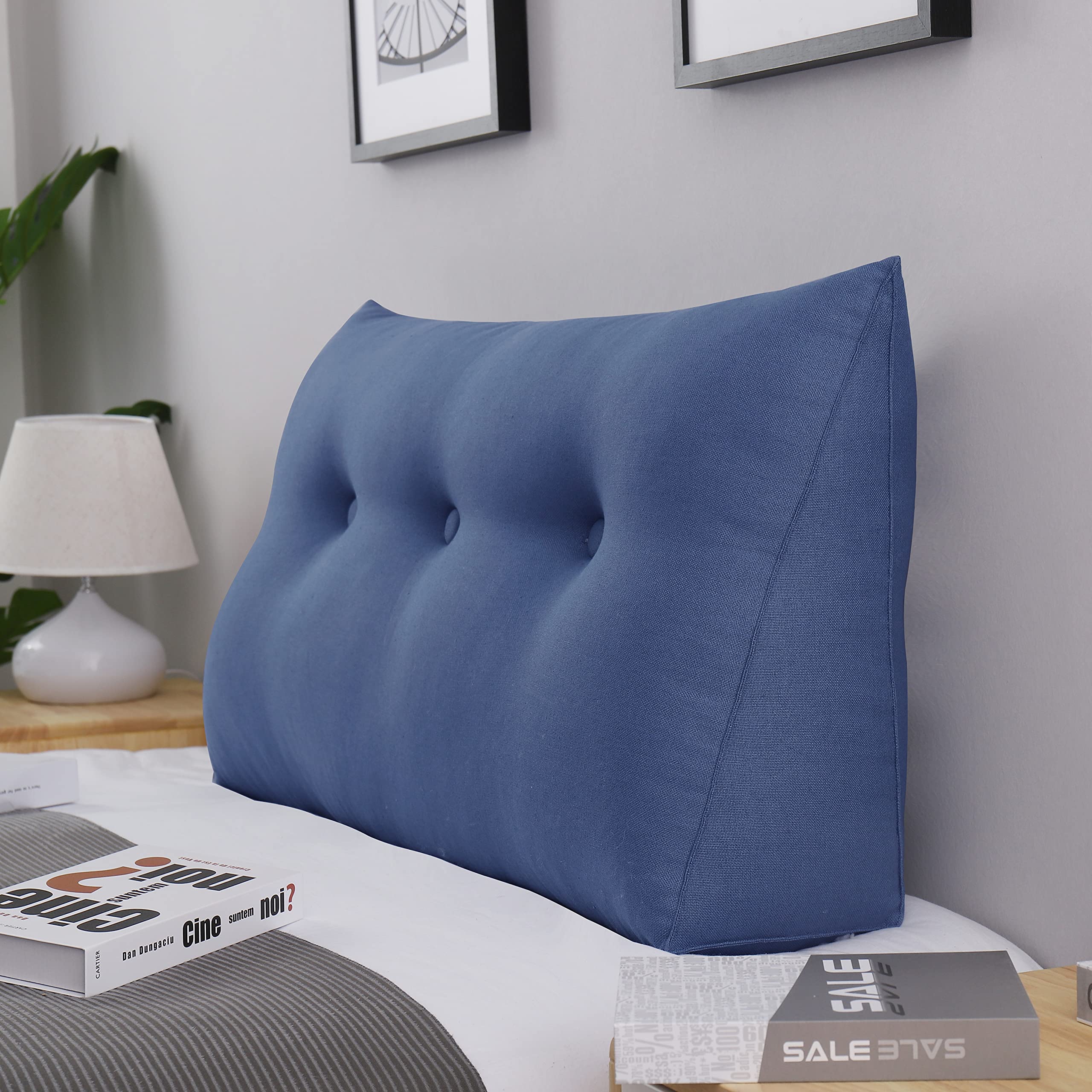 Triangular Headboard Wedge Pillow - 39 Inch Linen Blue Upholstered Bed Rest & Reading Pillow for Daybeds, Back Support & Lumbar Positioning - Perfect for Reading, Watching TV, and Relaxing in Bed