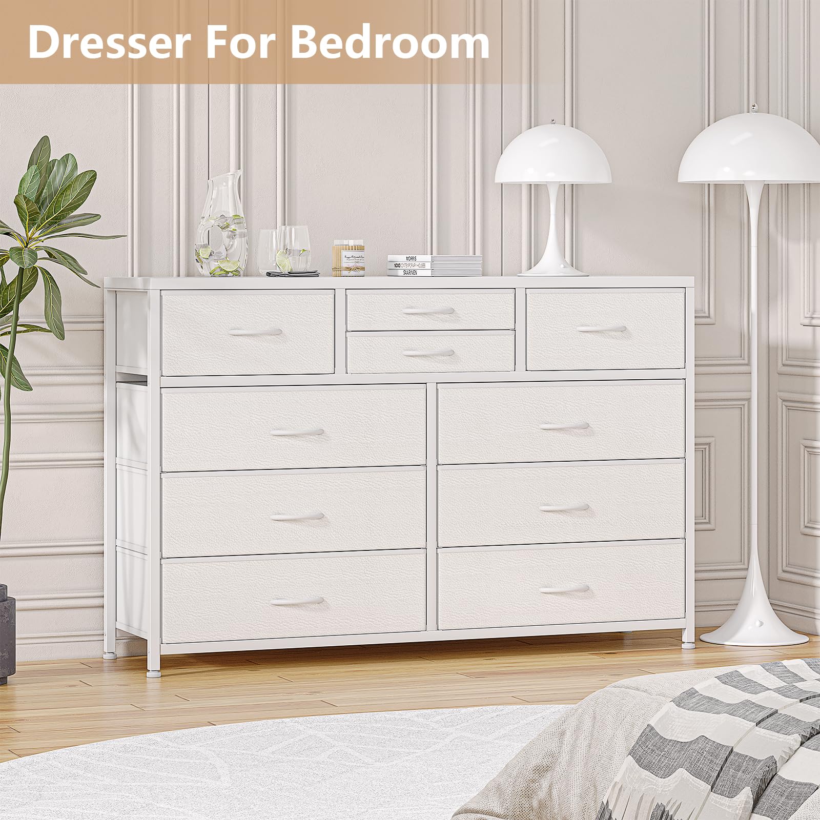 Jojoka 10-Drawer Wide Dresser with Wood Top & Steel Frame - Fabric Storage Cabinet for Bedroom, Hallway, Nursery, Closet - Perfect TV Stand & Entertainment Center Organizer (White)