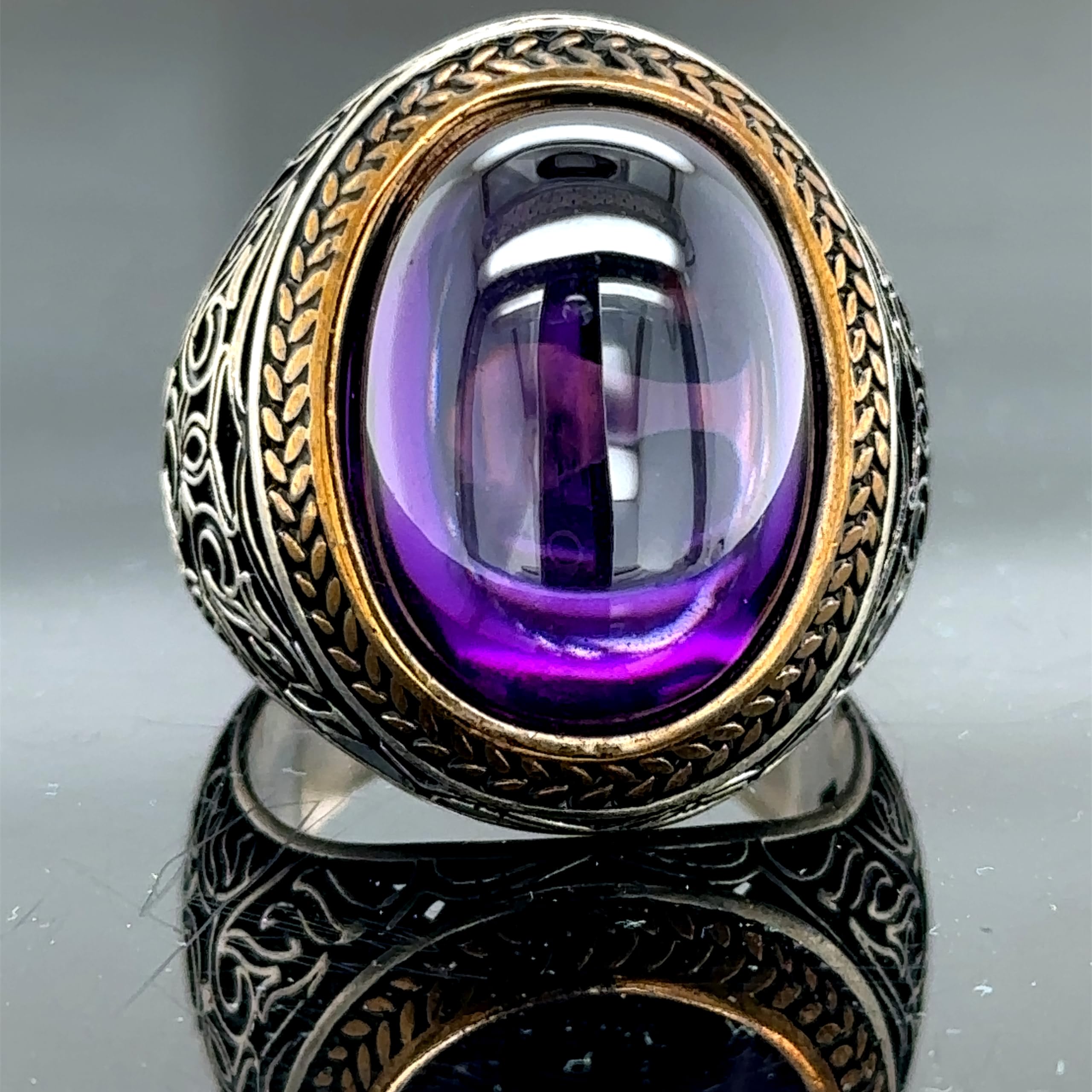 Amethyst Ring for Men - 925 Sterling Silver Handmade Purple Gemstone Ring - Elegant Embroidered Design - Perfect for Gifts, Weddings & Special Occasions