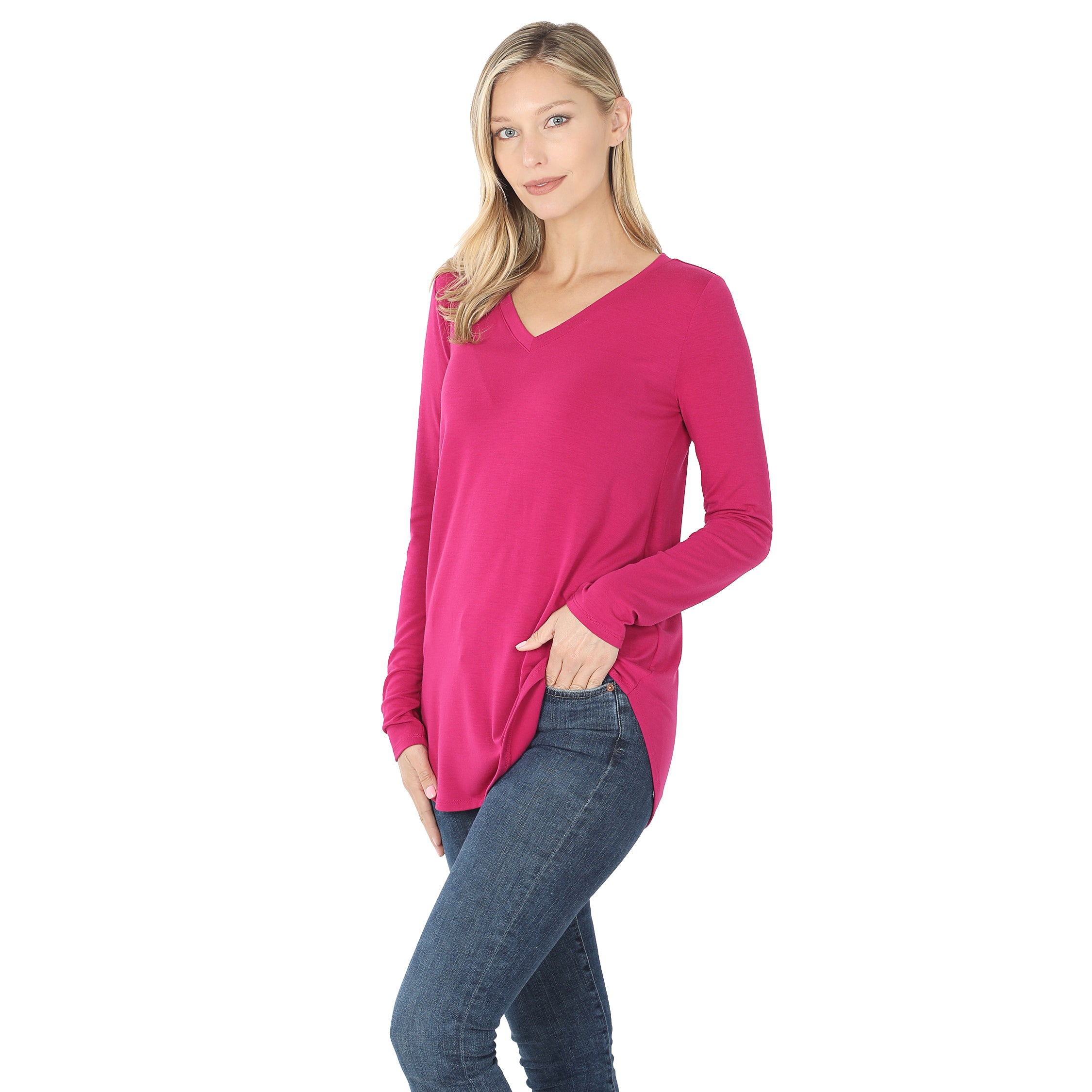 Women's Long Sleeve V Neck Scoop Front & Back Stretch T-Shirt - Casual Comfort Top for Everyday Wear, Work & Date Night