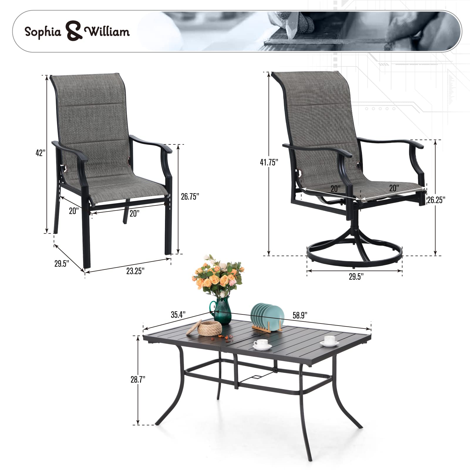 Sophia & William 7-Piece Patio Dining Set with High-Back Padded Textilene Chairs & 6-Person Table - 350lb Capacity, Quick-Dry - Perfect for Outdoor Garden, Backyard, Poolside & BBQ Gatherings