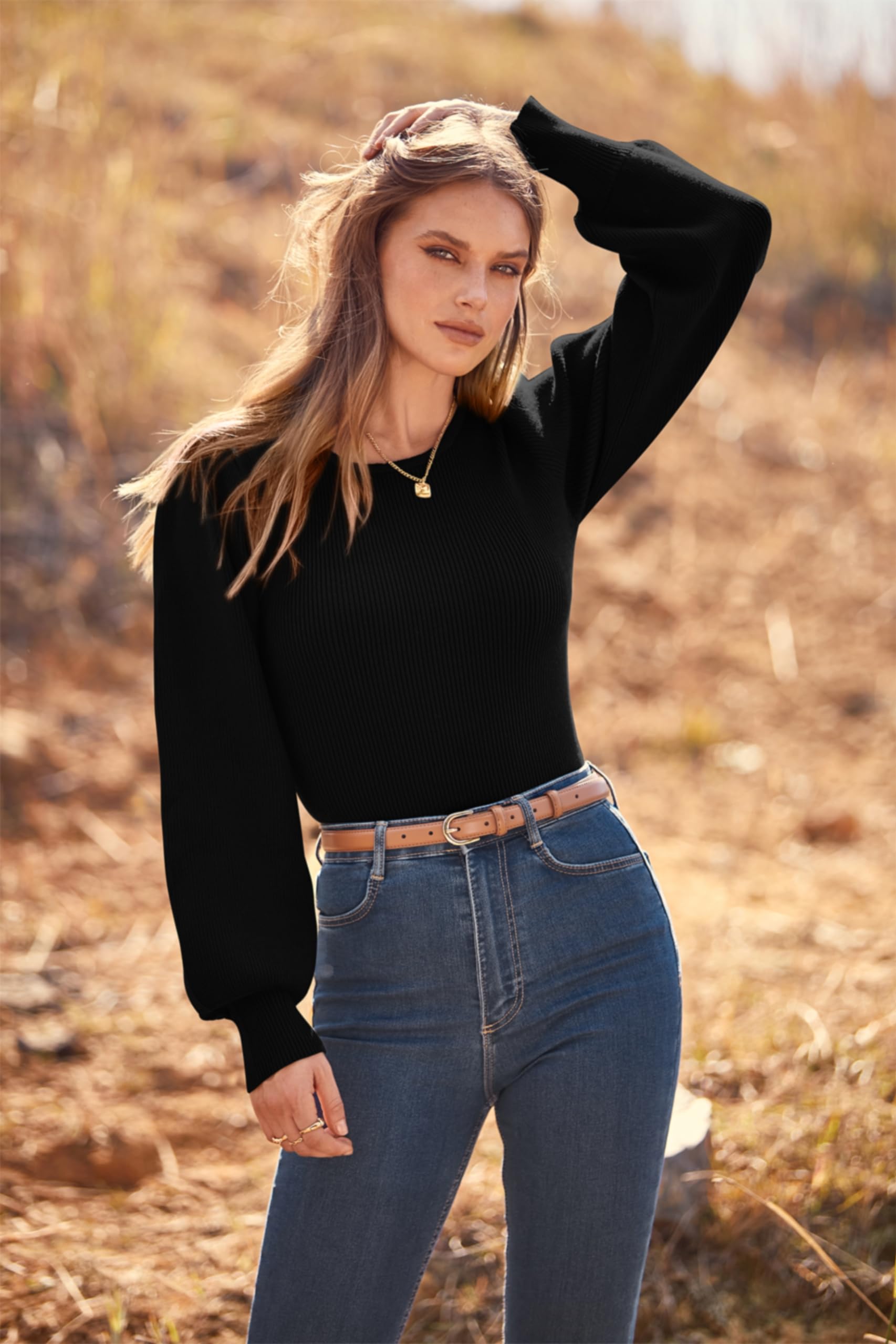 MASCOMODA Women's Long Puff Sleeve Sweater - 2025 Fall Winter Crewneck Knit Ribbed Pullover Top | Cozy Casual Wear for Office, Date Night & Holiday Outfits