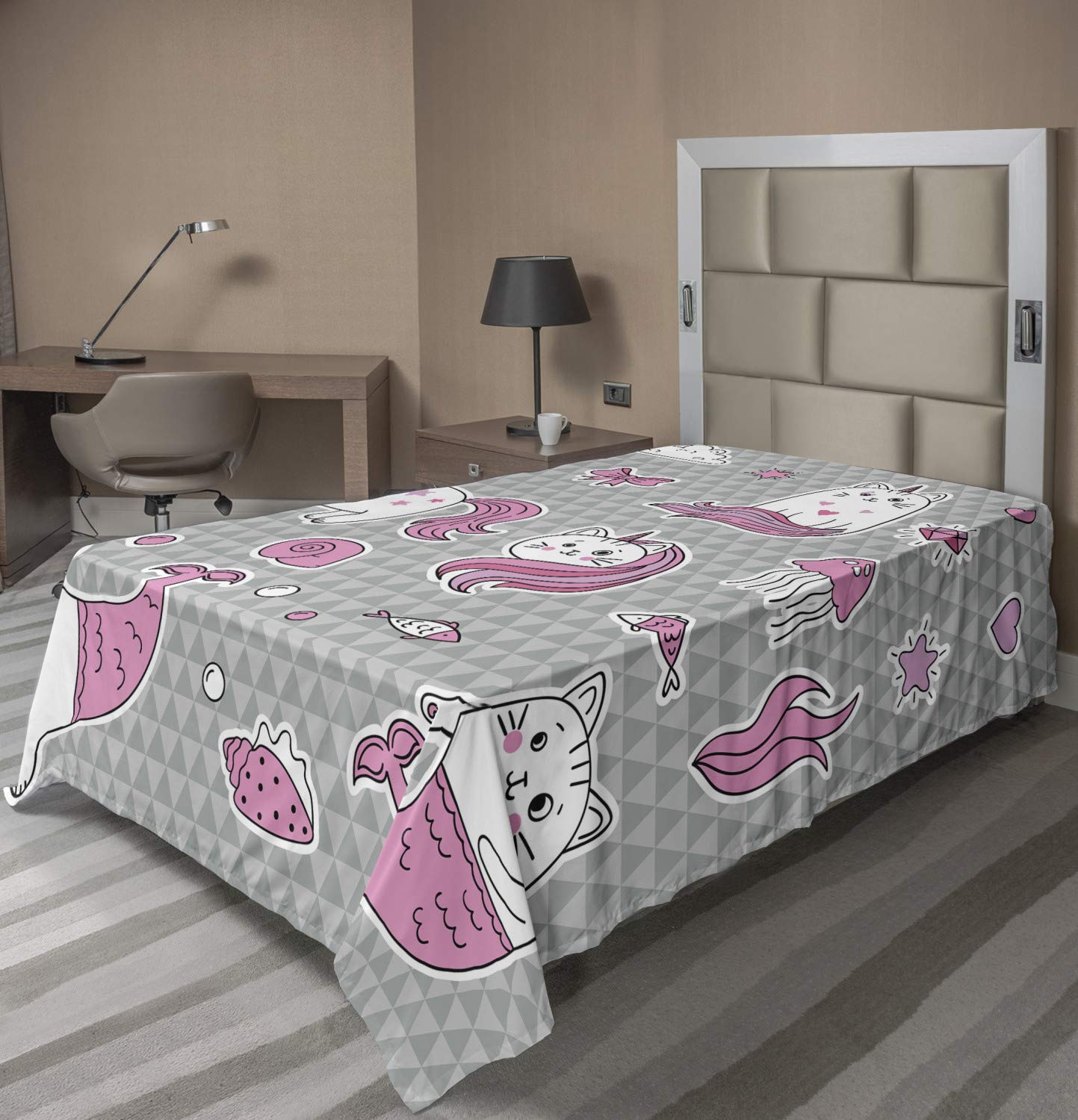 Ambesonne Unicorn Cat Twin Flat Sheet - Soft Comfortable Decorative Bedding with Underwater Theme (Grey Pale Pink White) - Perfect for Kids' Rooms, Themed Bedrooms & Gift Giving