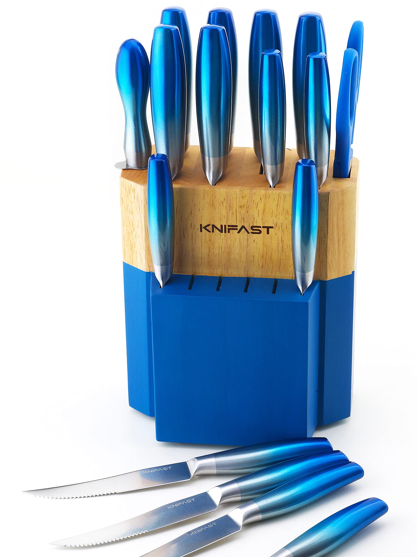 **KNIFAST 17-Piece Full Tang German Stainless Steel Knife Set with Wooden Block, Knife Sharpener & 6 Steak Knives - Blue - Perfect for Home Chefs & Professional Kitchens**