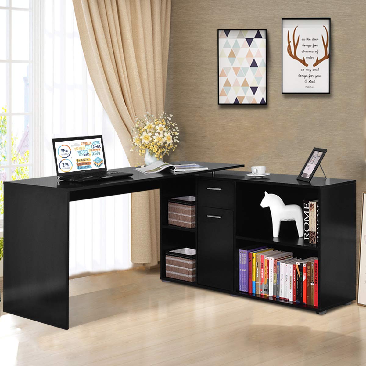 Tangkula Rotating L-Shaped Desk - Large Wooden Computer Desk for Home Office with Storage Shelves | Perfect for Small Spaces, Gaming & Study Setup