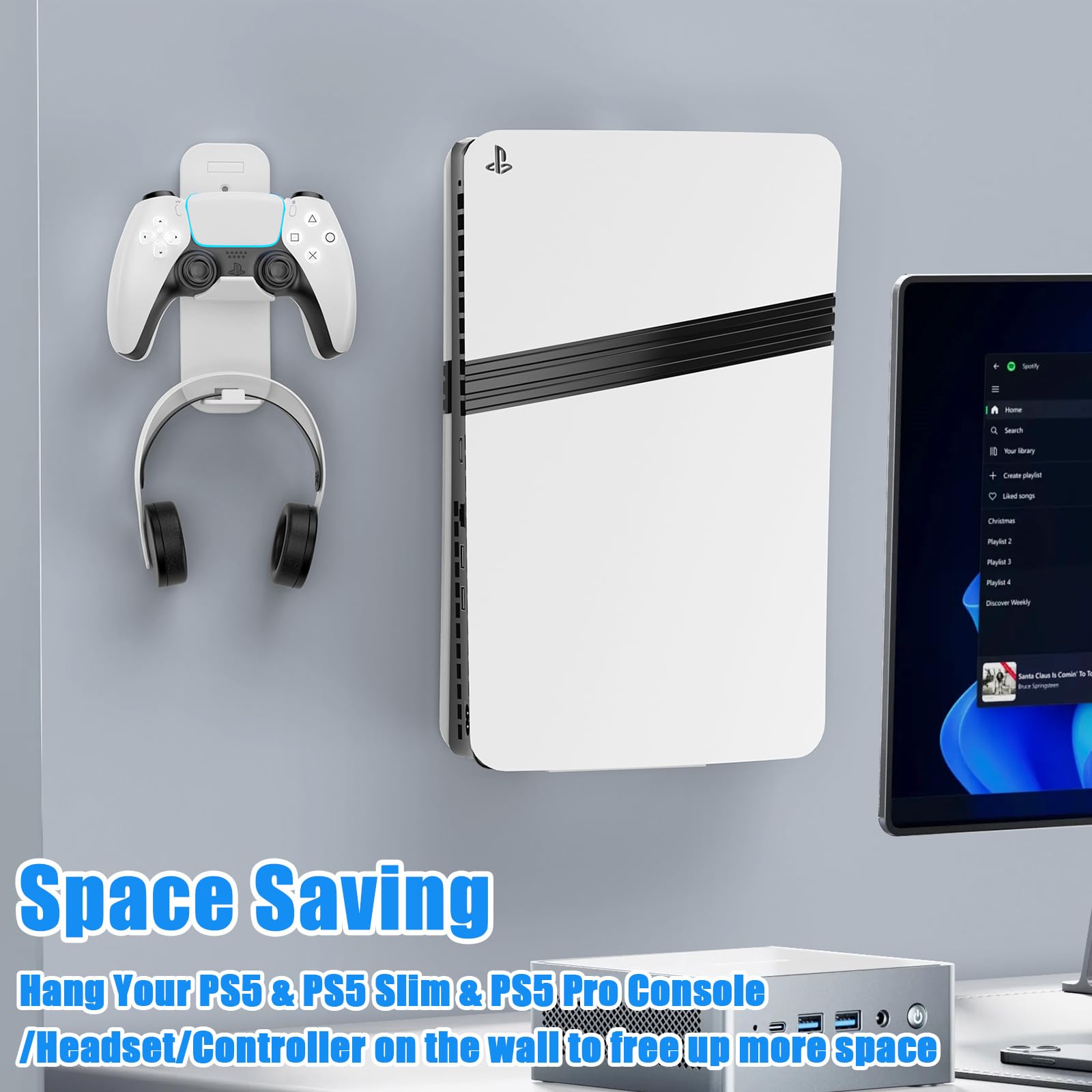 PS5 Slim Wall Mount Bracket - Heavy Duty Steel Wall Mount for PlayStation 5 Slim with Controller Headset Holder (White) | Perfect for Gaming Room Setup & Space-Saving Console Storage