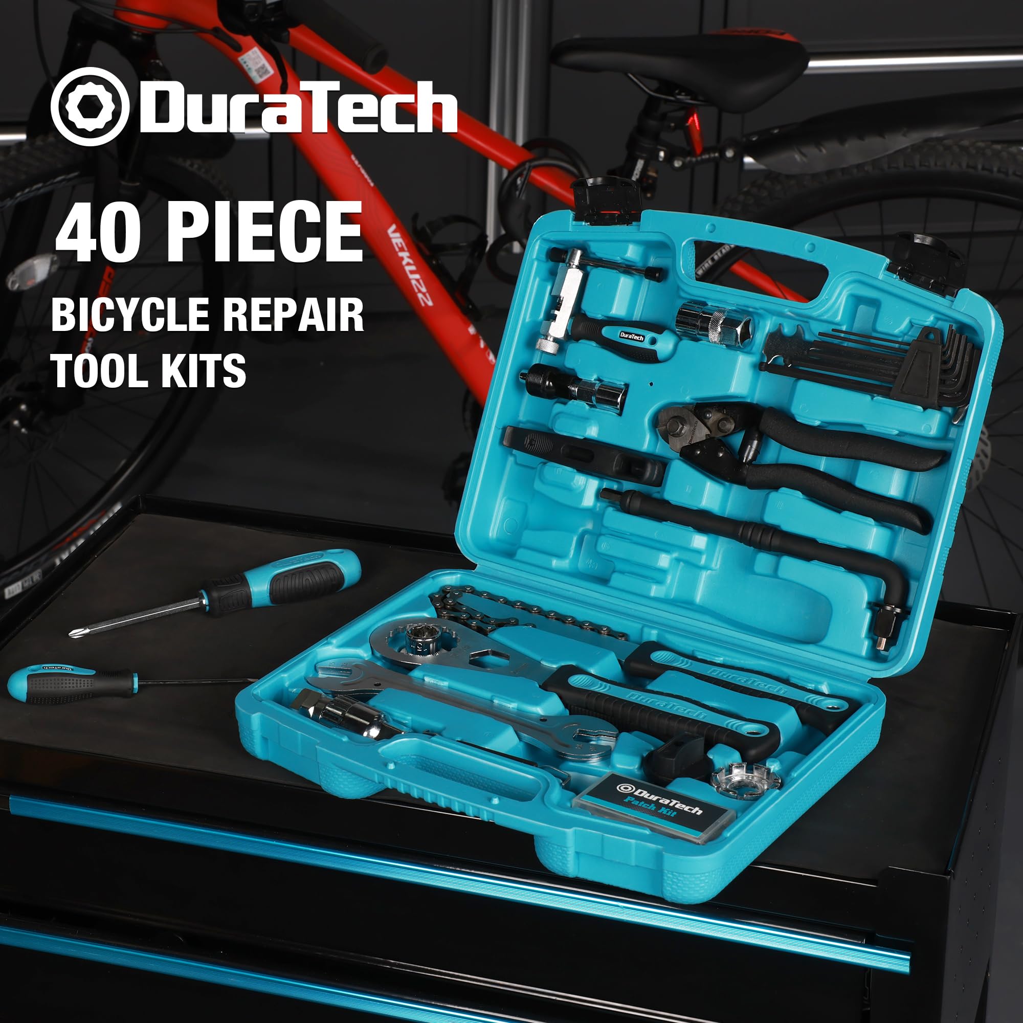 DURATECH Bike Repair Kit - 42-Piece Bicycle Tool Kit with Portable Carry Case for Tire, Brake, Chain & Pedal Maintenance - Essential Mountain & Road Bike Accessories - Perfect Gift for Cyclists (Men & Women) - Ideal for Trail Rides, Commuting & Home Bike Repairs