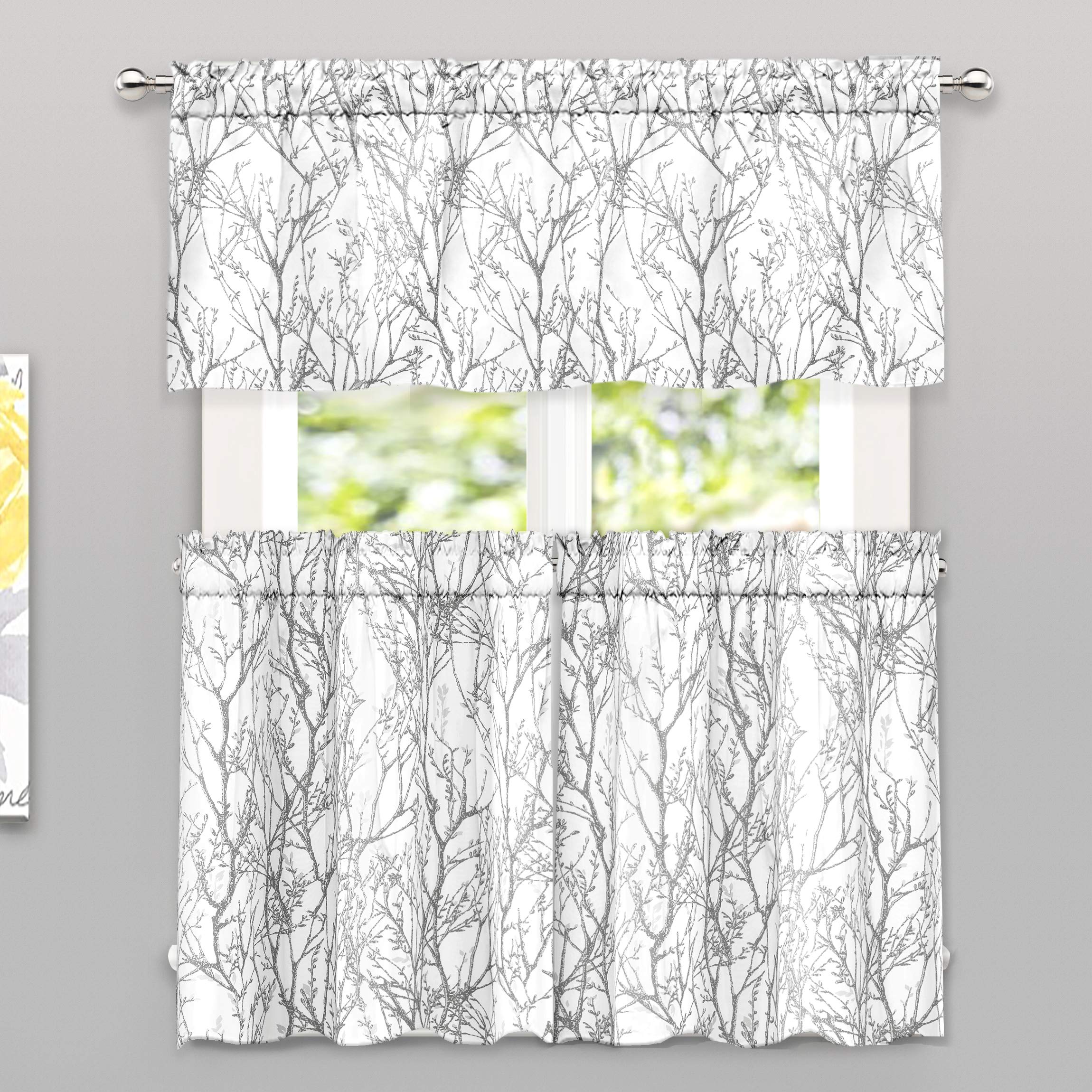 DriftAway 3-Piece Gray and White Kitchen Curtain Set with Valance & Tier - Rod Pocket Light Filtering Window Treatment, 36 Inch - Perfect for Small Half Windows in Bathroom, Living Room, or Kitchen (Tree Branch Design)