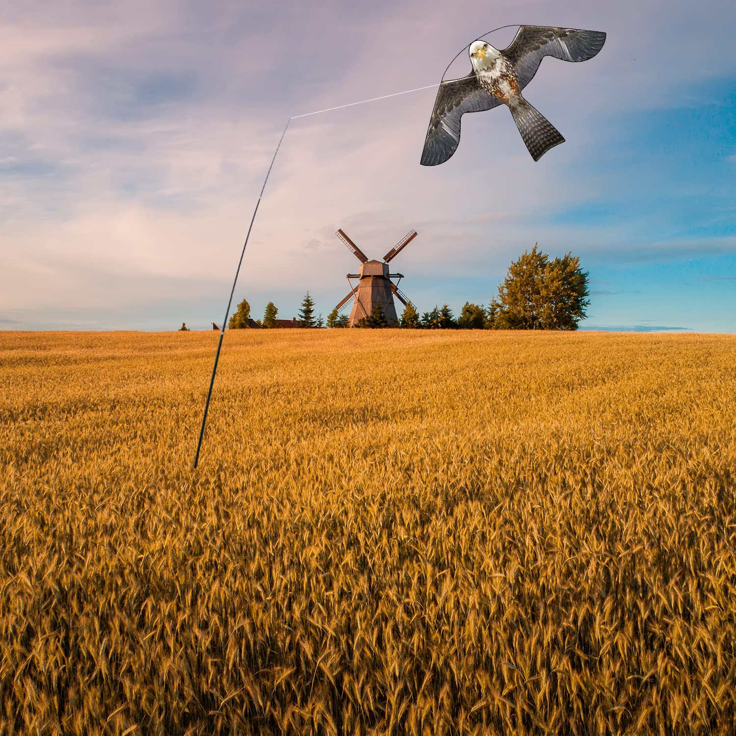 Bird Hawk Flying Kite with 4m Pole - Effective Bird Scarer for Crops & Farm Protection | Durable Garden Pest Control Solution for Fields, Vineyards, and Backyards