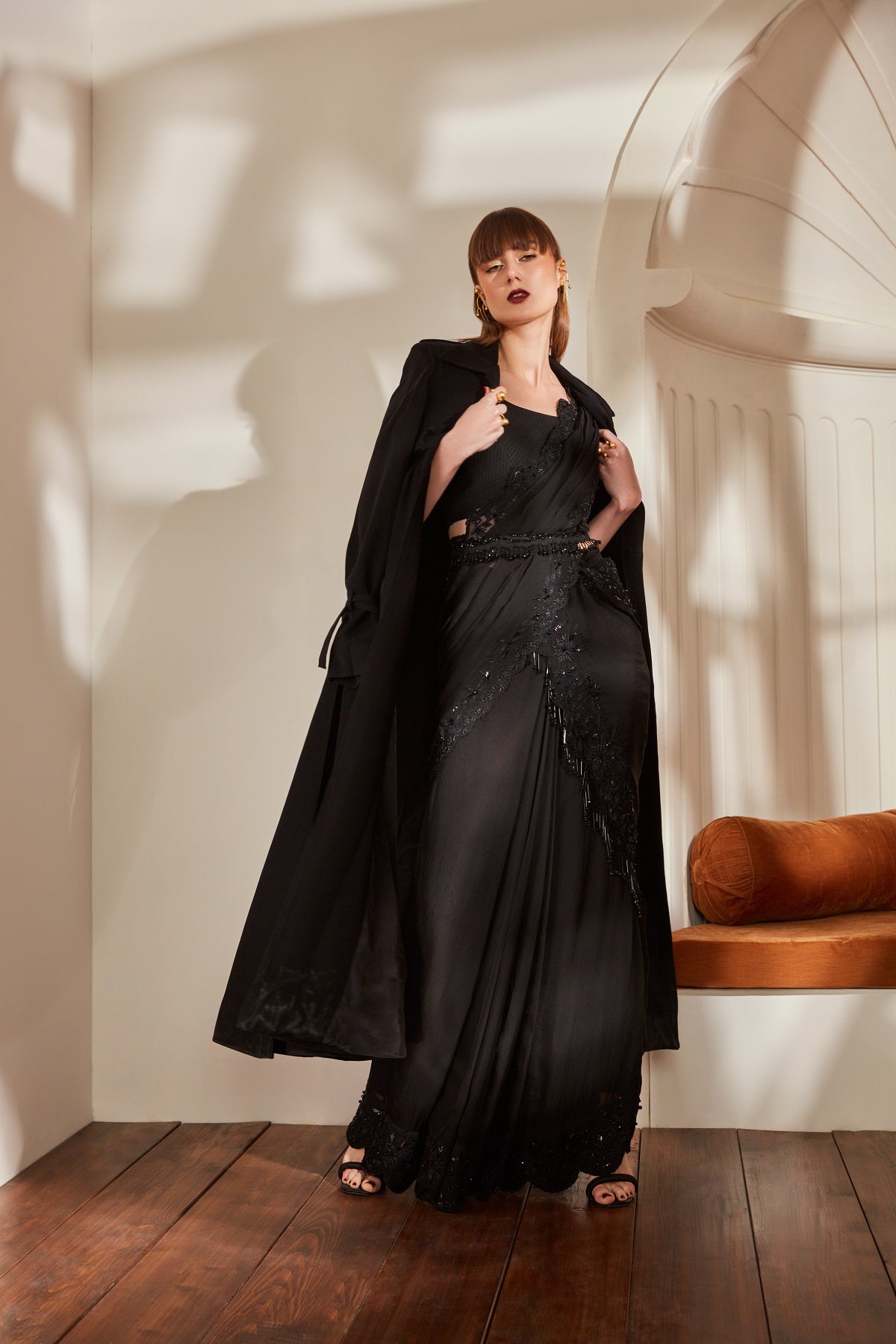 Elegant Black Saree with Noir Glass Beads & Thread Embroidery - Matching Blouse Included | Perfect for Weddings, Parties & Special Occasions