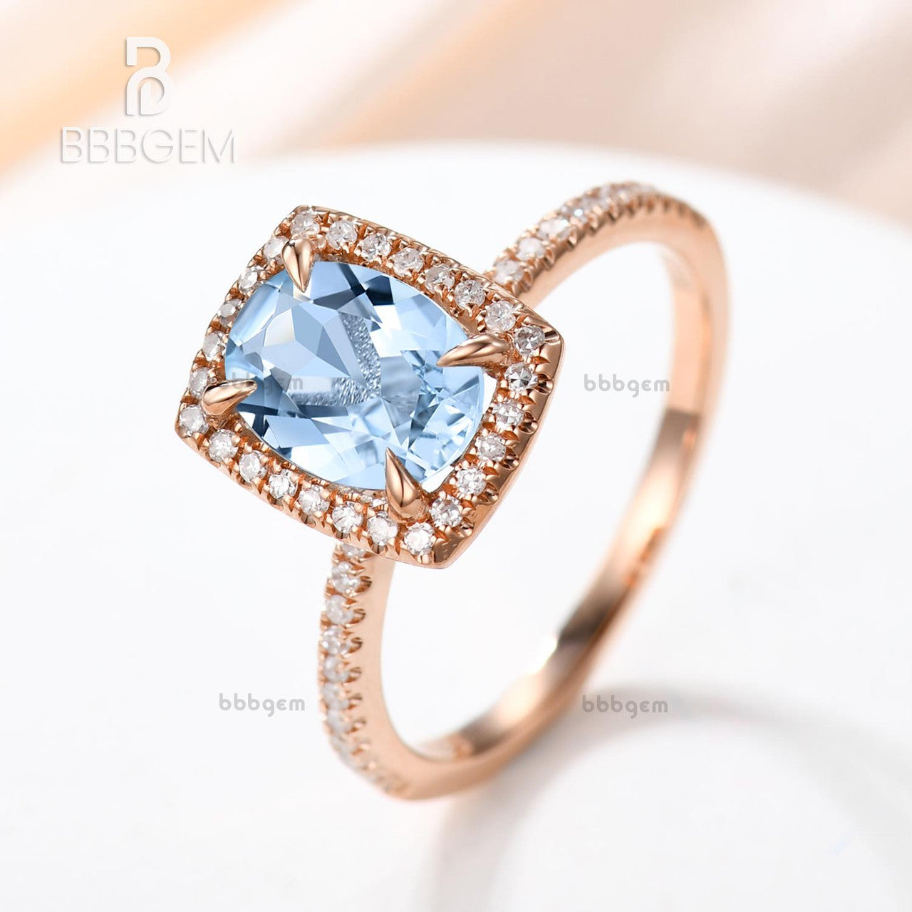 6x8mm Oval Aquamarine Engagement Ring - 14k Rose Gold Diamond Wedding Ring with Blue Gemstone Pave & Cushion Halo - Thin Elegant Design for Bridal, Anniversary & Proposal Gifts