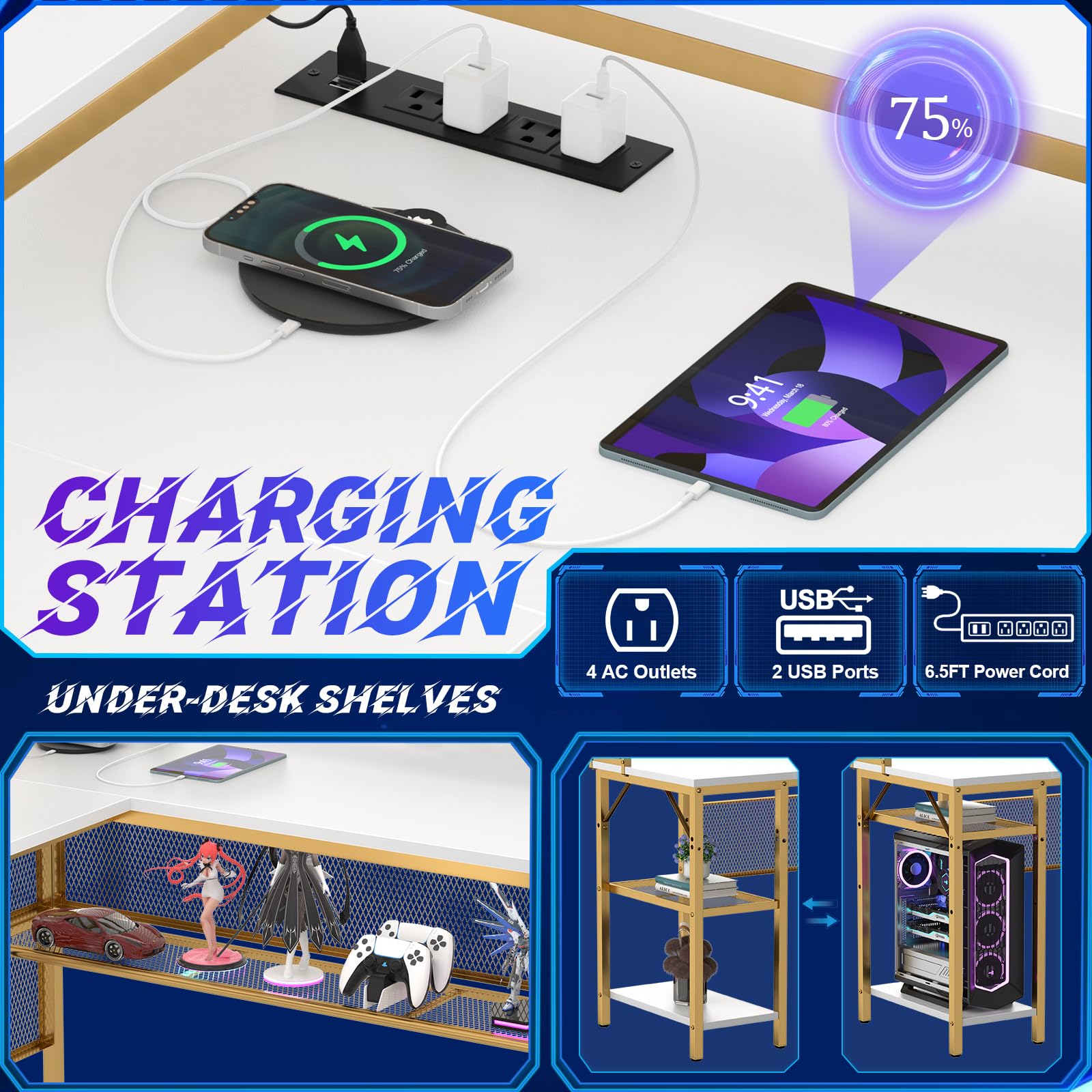 Unikito L-Shaped Gaming Desk with LED Lights - Reversible Computer Desk with Storage Shelves & Monitor Stand, Power Outlet - Industrial Style 2-Person Corner Desk for Home Office (White Oak) - Perfect for Gamers, Streamers & Remote Workers