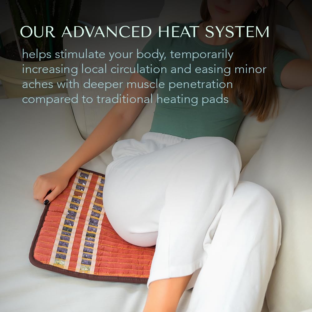 HealthyLine Small Far Infrared Electric Heating Pad for Pain Relief - Tourmaline, Amethyst & Obsidian Gemstone Therapy with Negative Ions - Auto Shut Off - 18