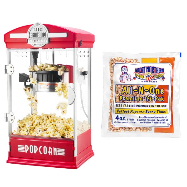 Great Northern Popcorn Big Bambino 4 Oz Kettle Popcorn Maker Machine with 12 All-In-One Popcorn Kernel Packets, Scoop & Bags - Red | Perfect for Movie Nights, Parties & Home Theater Snacks