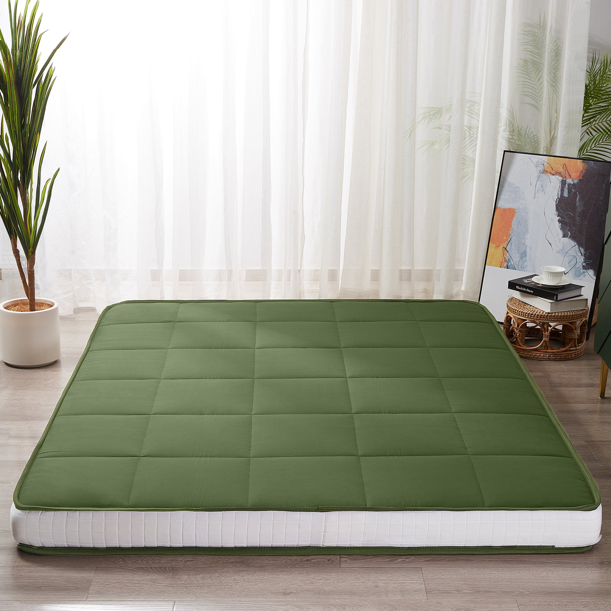 MAXYOYO 6-Inch Extra Thick Square Floor Futon Mattress - Foldable Memory Foam Topper Pad for Guest Bed, Dorm Room & Camping (Green)