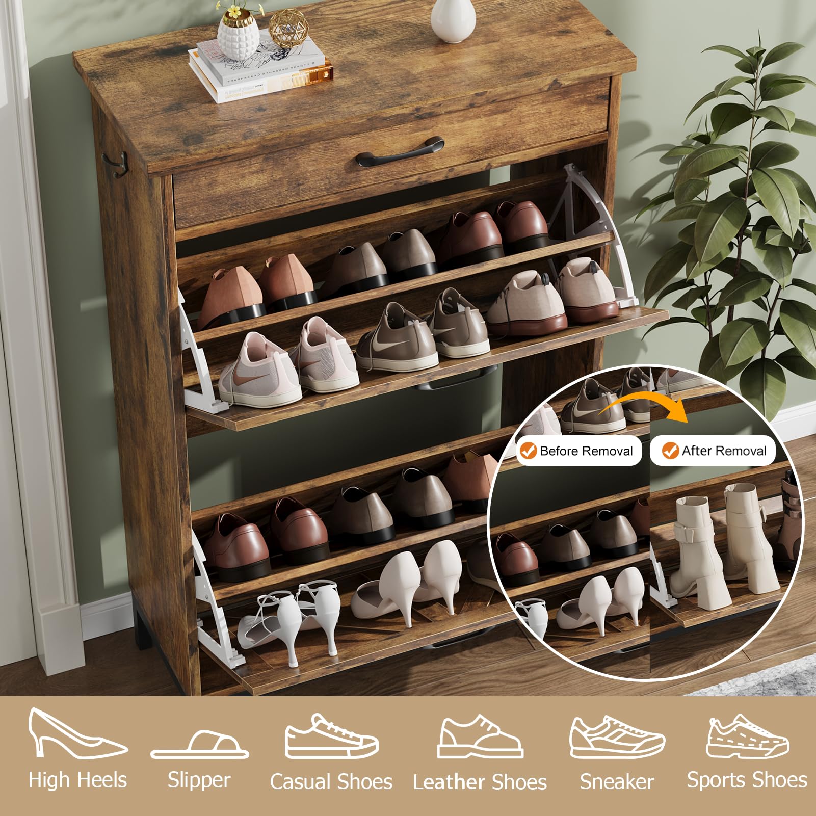 Farmhouse Style Shoe Storage Cabinet - Narrow Entryway Shoe Organizer with 2 Flip Drawers, Free Standing Slim Shoe Rack for Foyer & Hallway (Brown) - Perfect for Small Spaces & Home Organization
