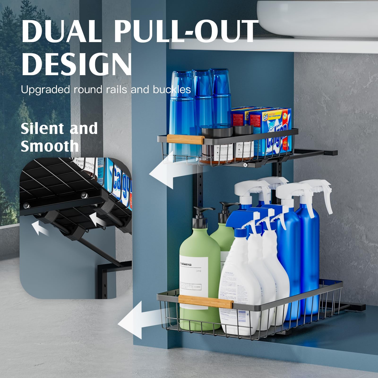 2 Pack Under Sink Organizer - 2 Tier Pull Out Bathroom & Kitchen Cabinet Organizer, Height Adjustable Slide Out Storage Shelf for Pantry, Bathroom & Kitchen (Black) - Perfect for Maximizing Under Sink Space & Organizing Cleaning Supplies