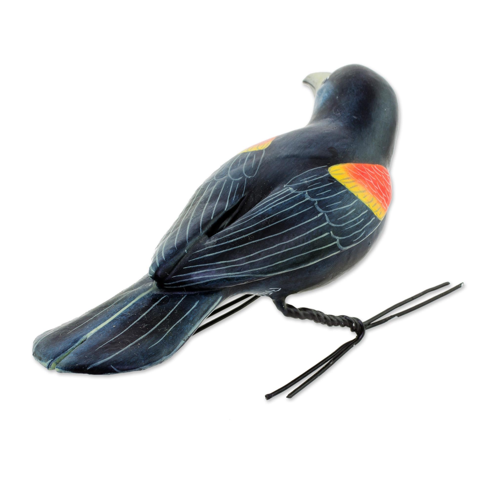 Handmade Guatemalan Ceramic Red-Winged Blackbird Sculpture - Artisan Crafted Blue Bird Figurine (5.5