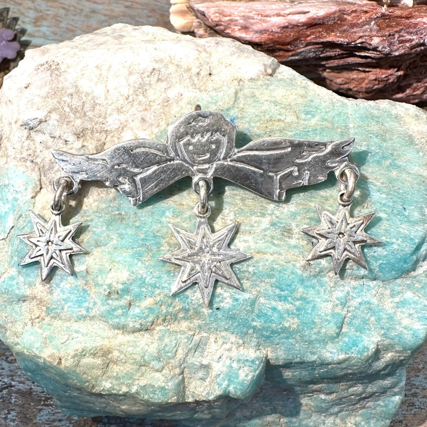 Vintage Angel Stars Pendant Pin - Sterling Silver Jewelry for Women, Elegant Gift for Christmas, Birthday & Special Occasions