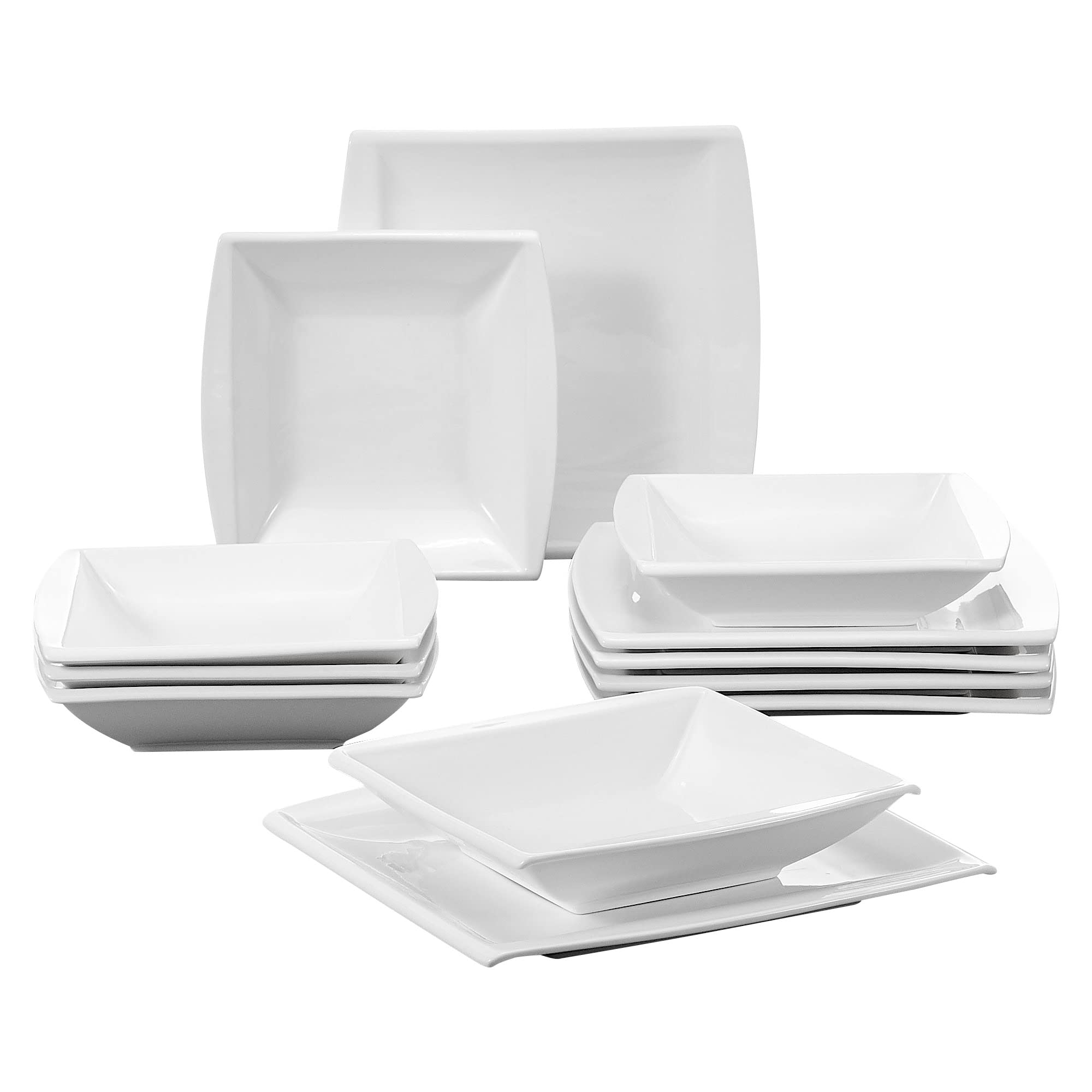 MALACASA 12-Piece Square Ivory White Porcelain Dinnerware Set - Dinner Plates, Soup Bowls, Salad Pasta Dishes - Service for 6, Elegant Table Setting for Family Dinners, Parties & Special Occasions