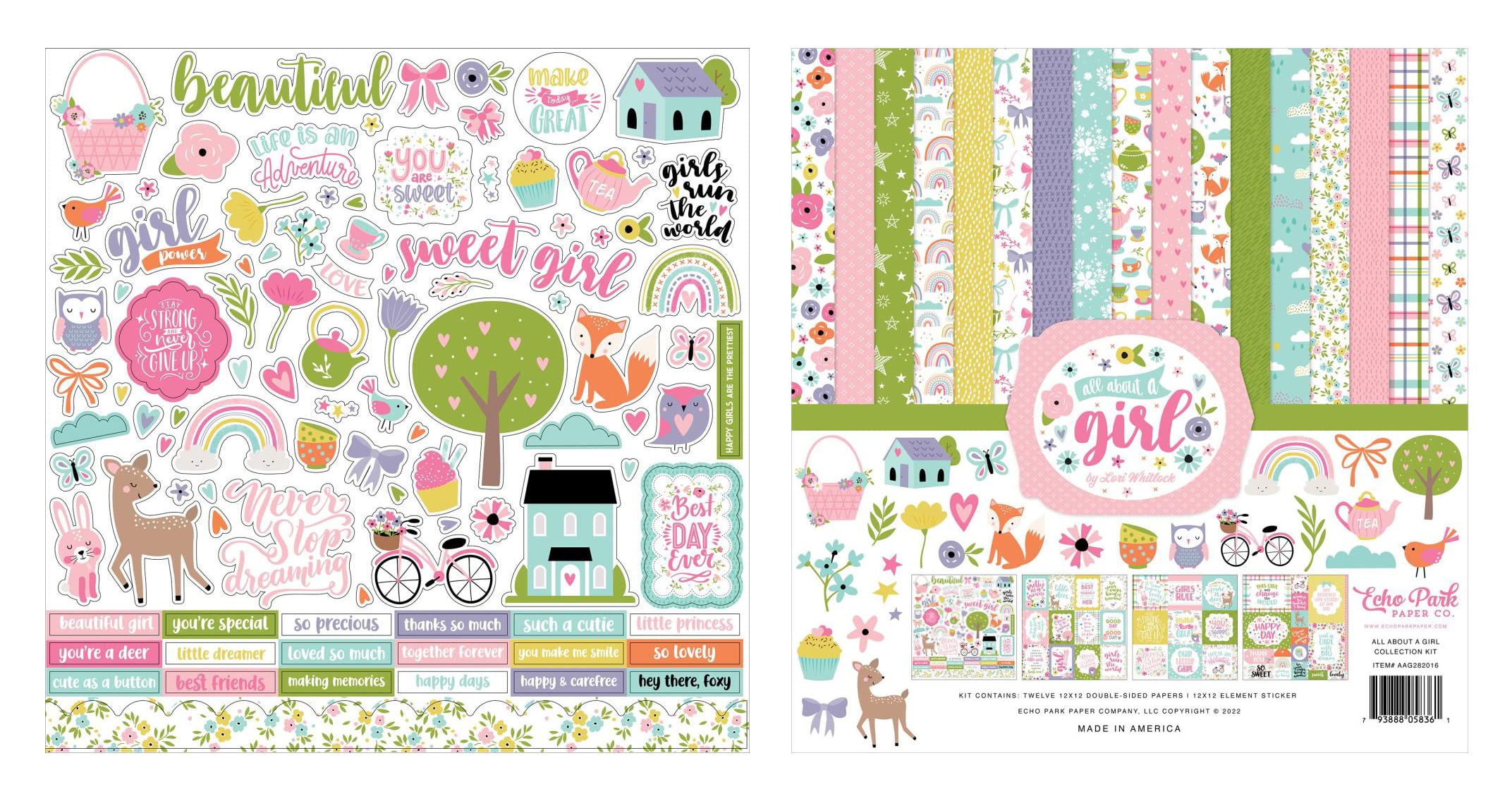 Echo Park Paper All About a Girl 12x12 Scrapbook Collection Kit with Cardstock Elements Sticker Sheets - Perfect for DIY Scrapbooking, Memory Albums, and Paper Crafting Projects