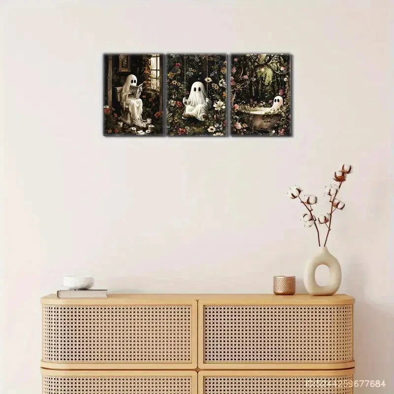 3pcs Ghost on the Toilet Reading Book While Bathing Metal Wall Art - Ready to Hang Decor for Bathroom, Halloween, or Spooky Home Decor