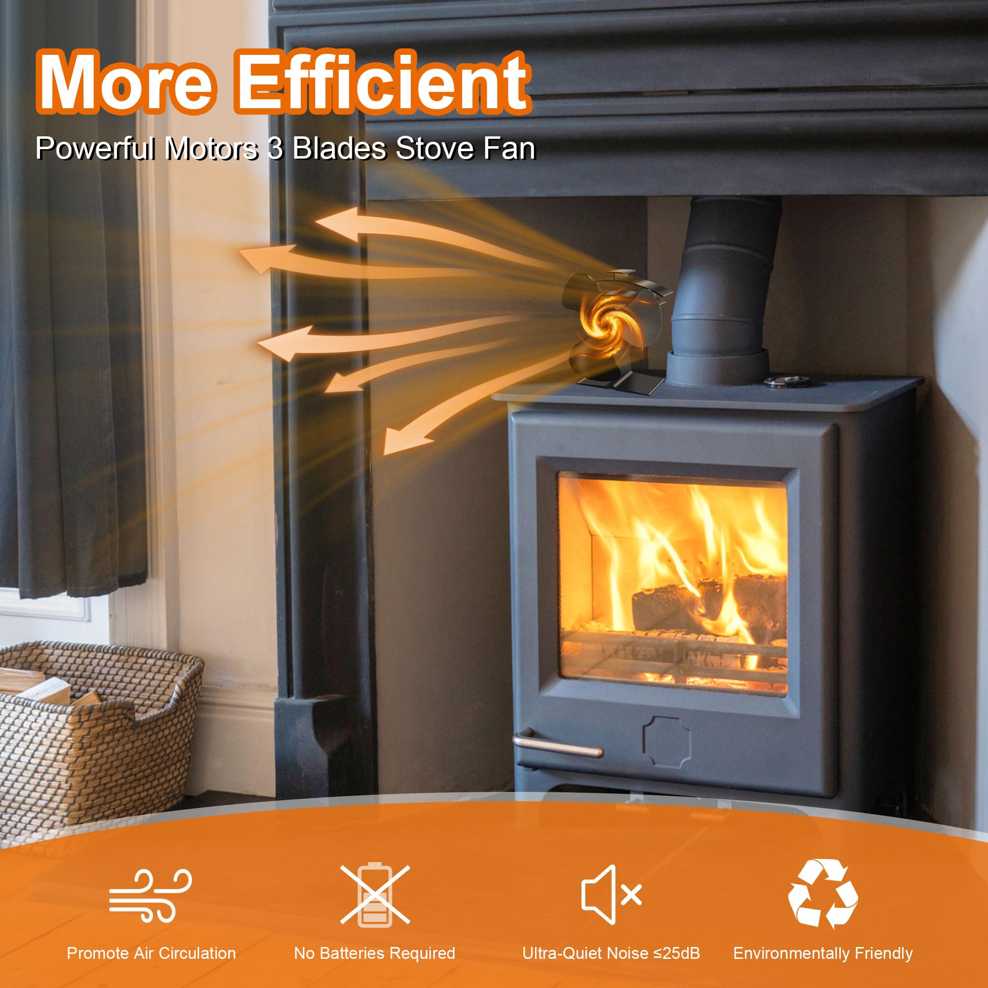 **3 Blade Wood Stove Fan - Heat Powered Fireplace Fan with Bracket - Eco-Friendly Thermoelectric Thermal Fan for Pellet Stove, Wood Burner & Fireplace - Perfect for Heating Efficiency & Cozy Home Ambiance**
