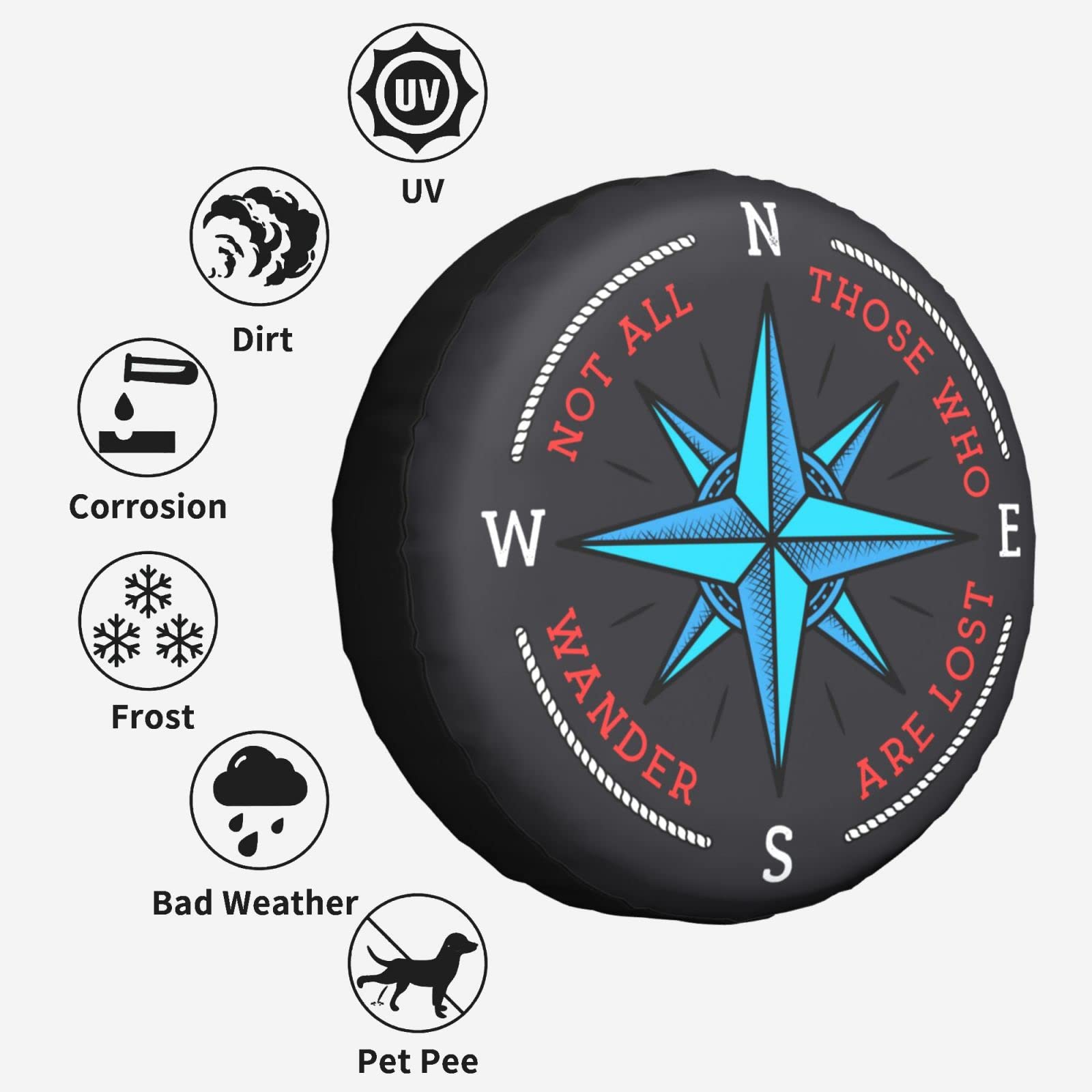 14 Inch Spare Tire Cover for Truck, SUV, Trailer, RV - Durable Wheel Protector with 'Not All Those Who Wander Are Lost' Design - Perfect for Camping, Off-Road Adventures & Road Trips