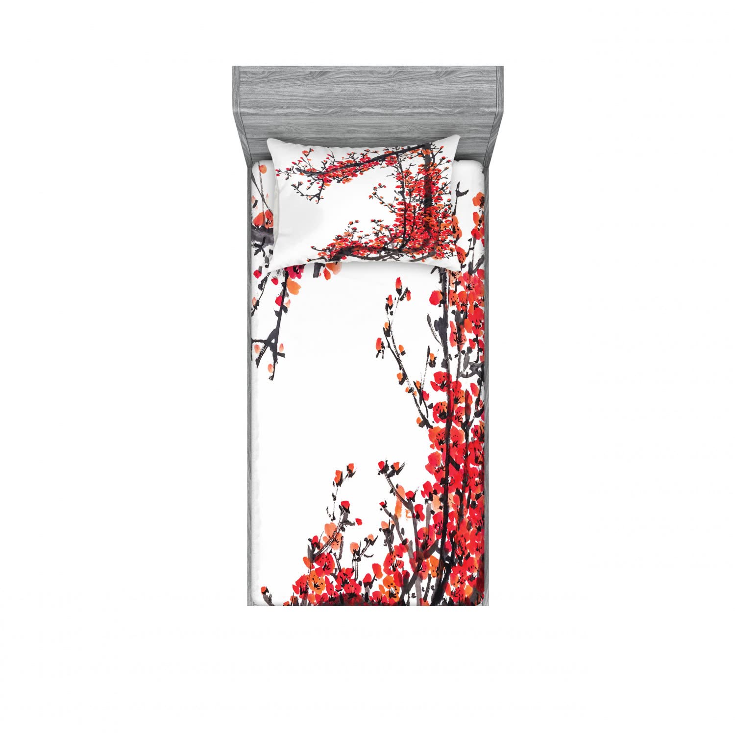 Ambesonne Japanese Cherry Blossom 2-Piece Twin Fitted Sheet & 2-Piece Pillow Sham Set - Sakura Floral Bedding Decor in Red & Brown - Perfect for Spring Bedroom, Guest Room & Dorm Room Decor