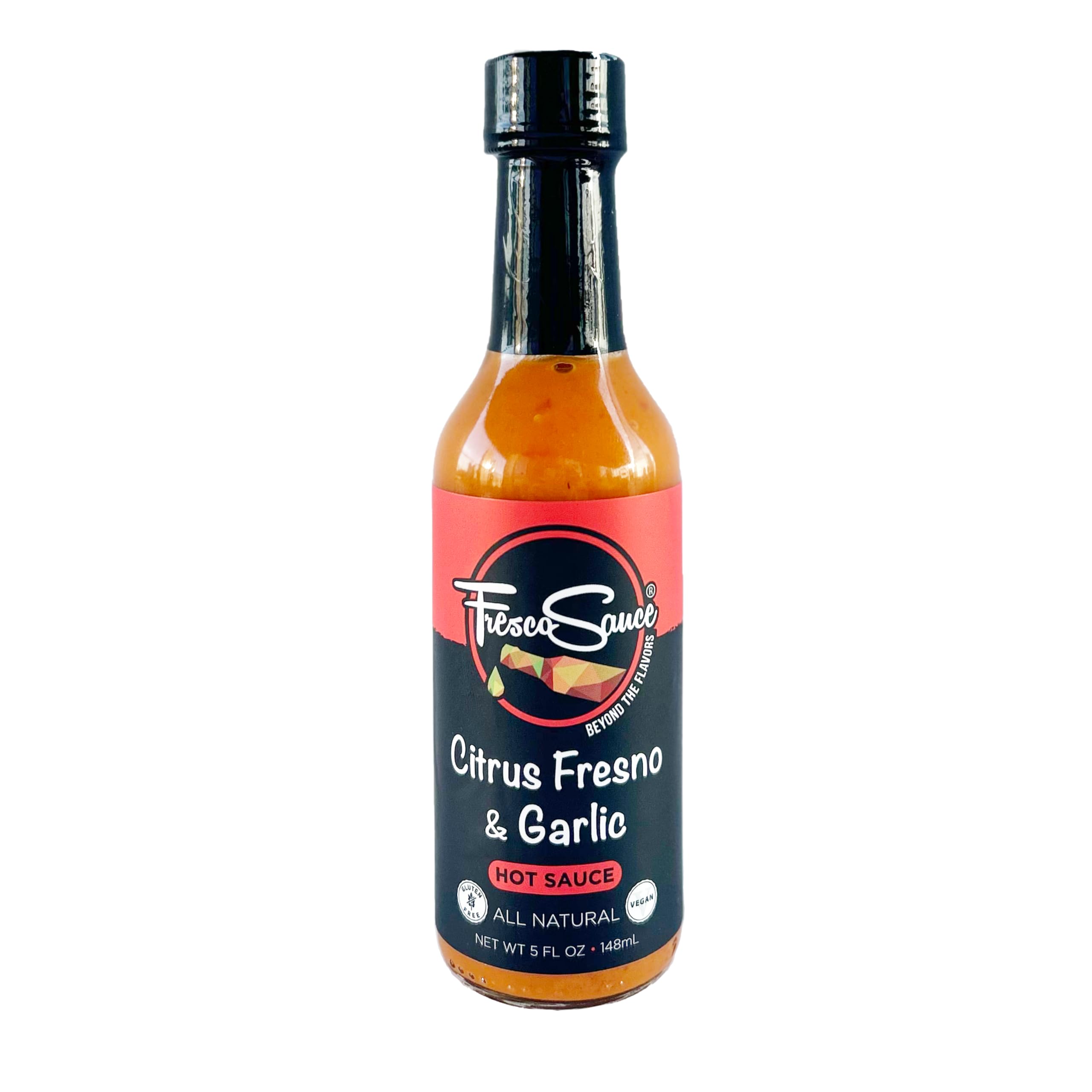 Citrus Fresno & Garlic Hot Sauce by Fresco Sauce - All Natural Vegan Gluten Free Hot Sauce with Lime Juice, Orange Juice & Fresno Peppers - Perfect for Tacos, Wings, Grilled Meats & Seafood