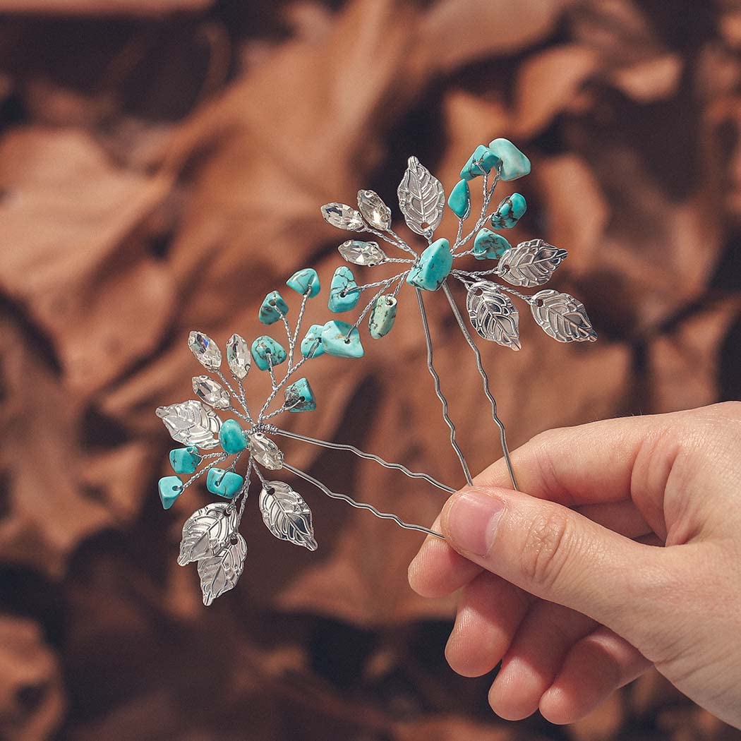 Turquoise Hair Pins with Silver Leaf Design - Glitter Rhinestone Bridal Hair Accessories for Women (Pack of 2) | Perfect for Weddings, Prom, Parties & Special Occasions