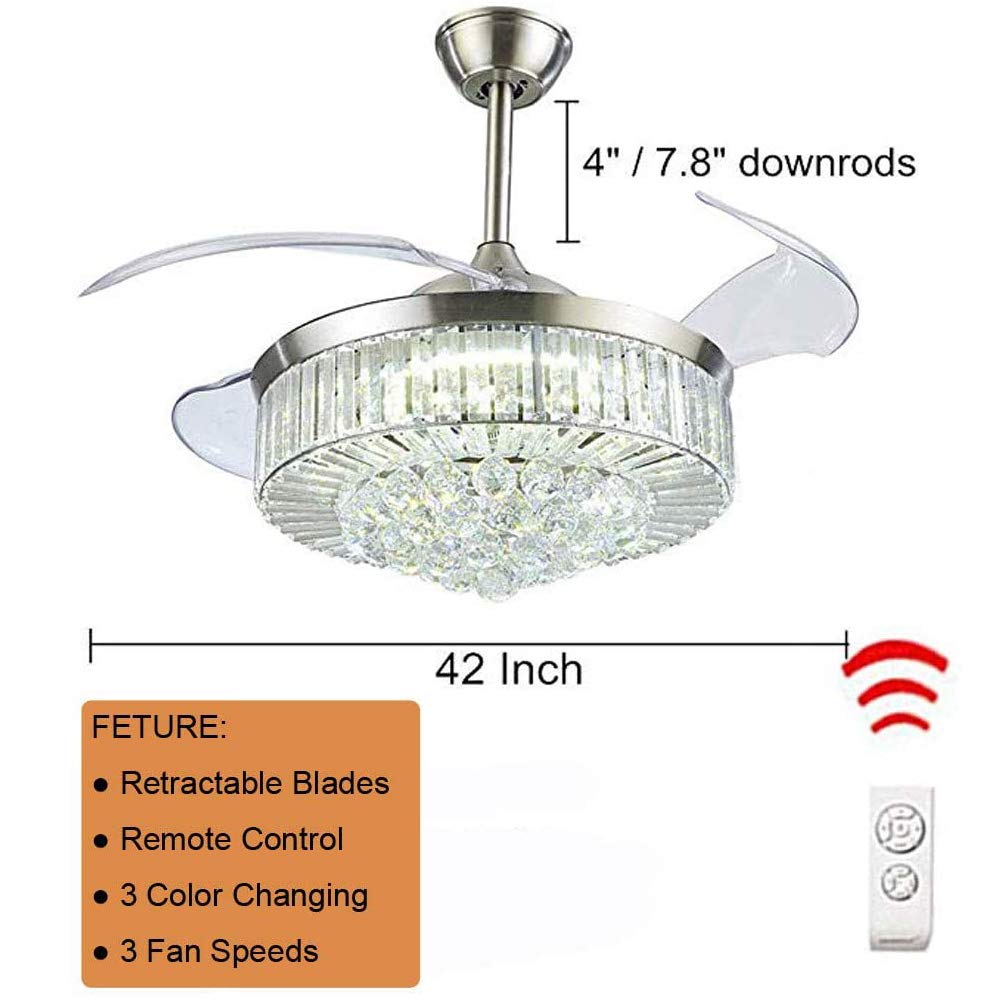 42 Inch Modern Crystal Chandelier Ceiling Fan with Light & Remote Control - Silent Retractable Blades, 3 Speed Settings & 3 Light Levels - Perfect for Dining Room, Living Room, Bedroom & Home Decor