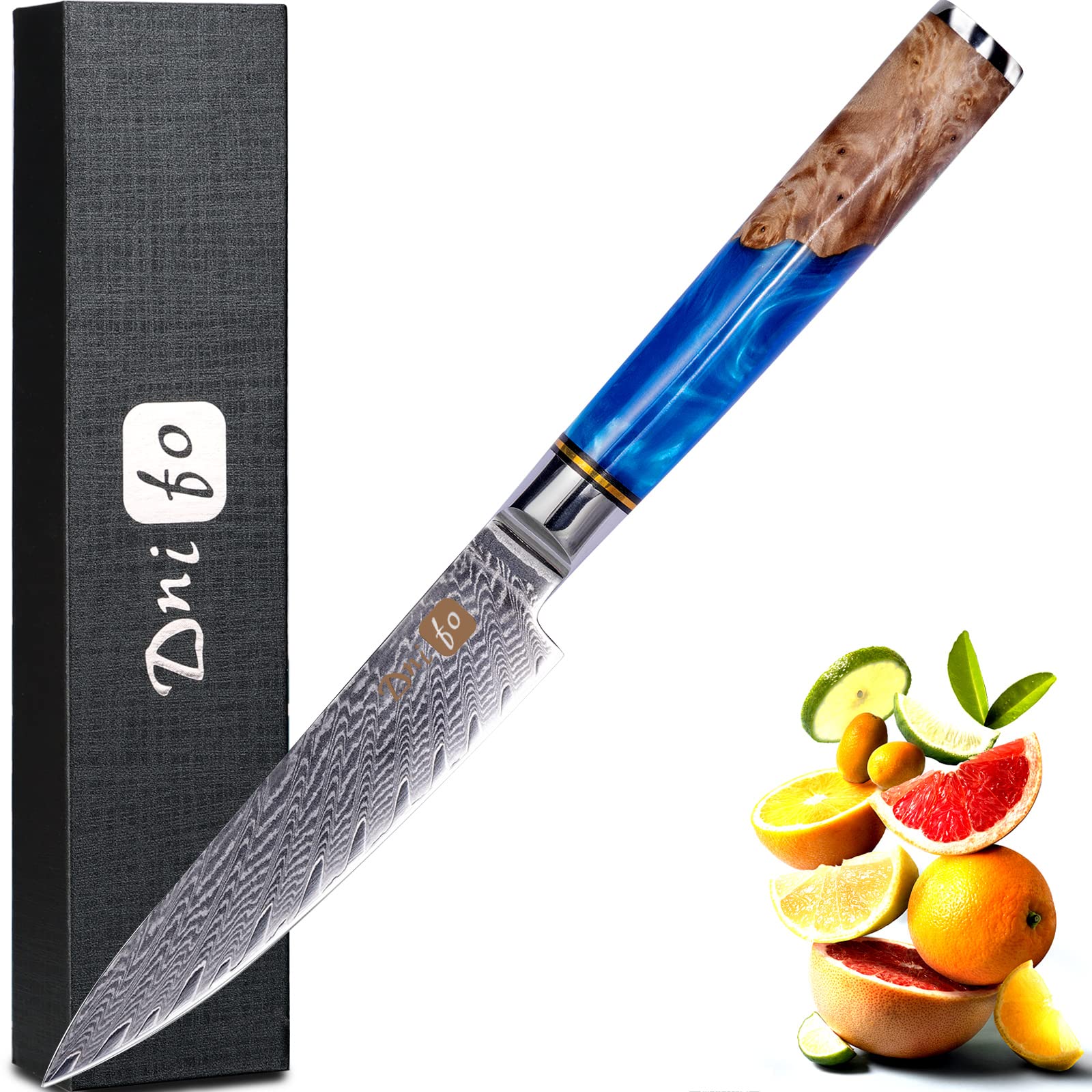 Cloverpeia 5-inch Utility Paring Knife - Japanese Damascus Steel VG10 Kitchen Knife with Full Tang Resin & Wood Handle - Gift Box Included - Perfect for Chopping Fruits, Vegetables, and Precision Carving - Ideal for Home Chefs and Professional Kitchens