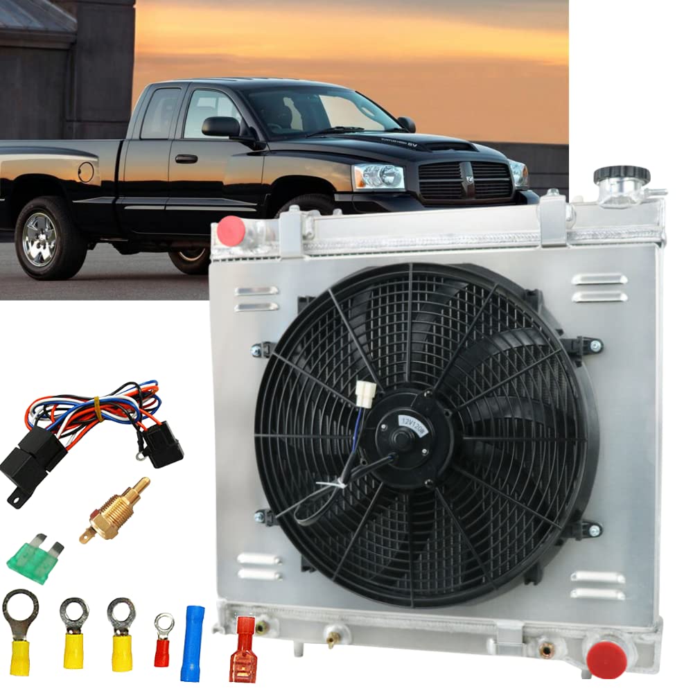 ALLOYWORKS 4 Row Full Aluminum Radiator for 2005-2011 Dodge Dakota Ram Mitsubishi 3.7L V6 4.7L V8 - High Performance Cooling System with Shroud Fan Relay Kit (AT/MT, Downflow) - Perfect for Off-Roading, Towing & Hot Weather Driving