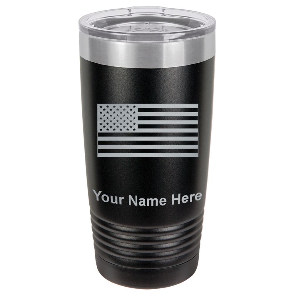 LaserGram 20oz Vacuum Insulated Stainless Steel Tumbler Mug - Patriotic American Flag Design, Personalized Engraving, Leakproof Lid - Perfect for Coffee, Tea & Cold Drinks at Home, Office or Travel (Black)