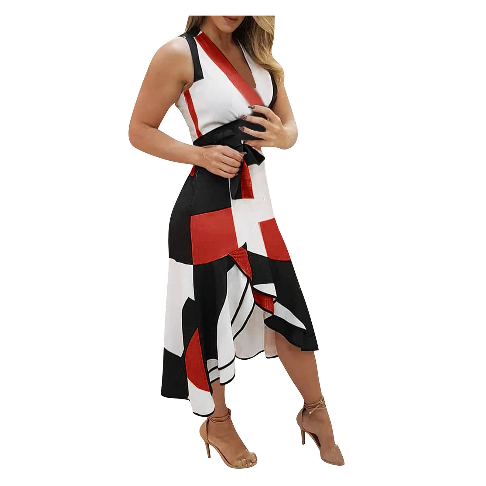 Split Maxi Sleeveless Women's Asymmetrical Ruffle Dress - Floral Print Summer Casual Sundress for Beach, Vacation & Outdoor Parties