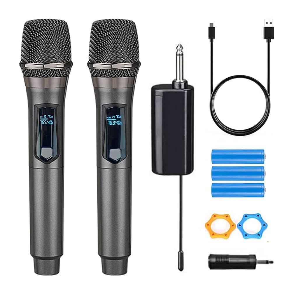 Professional Dual UHF Wireless Microphone System - Rechargeable Handheld Dynamic Mics for Karaoke, Wedding, DJ, Party, Speech & Church - 200ft Range with PA System (Gray) - Perfect for Live Performances, Events & Classroom Use