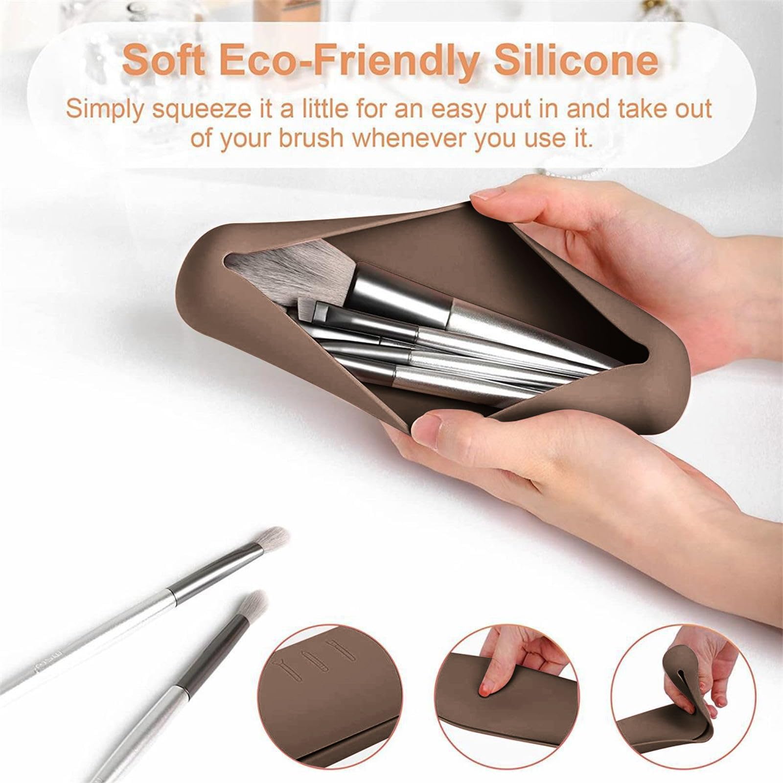 Travel Makeup Brush Holder - Silicone Waterproof Makeup Brush Bag for All Brushes | Soft & Durable Travel-Size Toiletries Organizer (Khaki) | Perfect for Vacation, Gym & On-the-Go Beauty