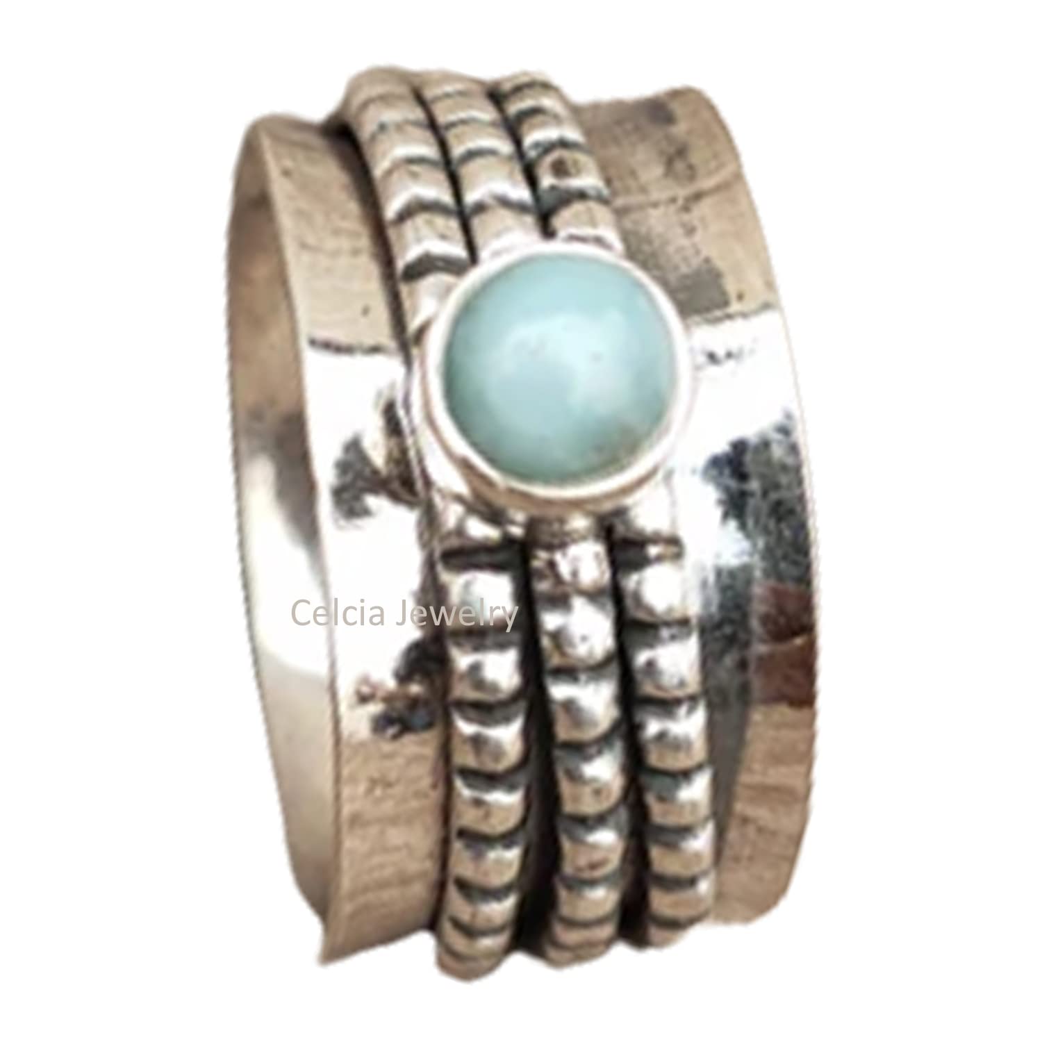 Larimar Gemstone Silver Spinner Ring - Handmade Fidget Anxiety Relief Ring for Stress & Meditation - Unique Spinning Jewelry Gift for Women & Men (Size 7) - Perfect for Office, Travel & Mindfulness Practice