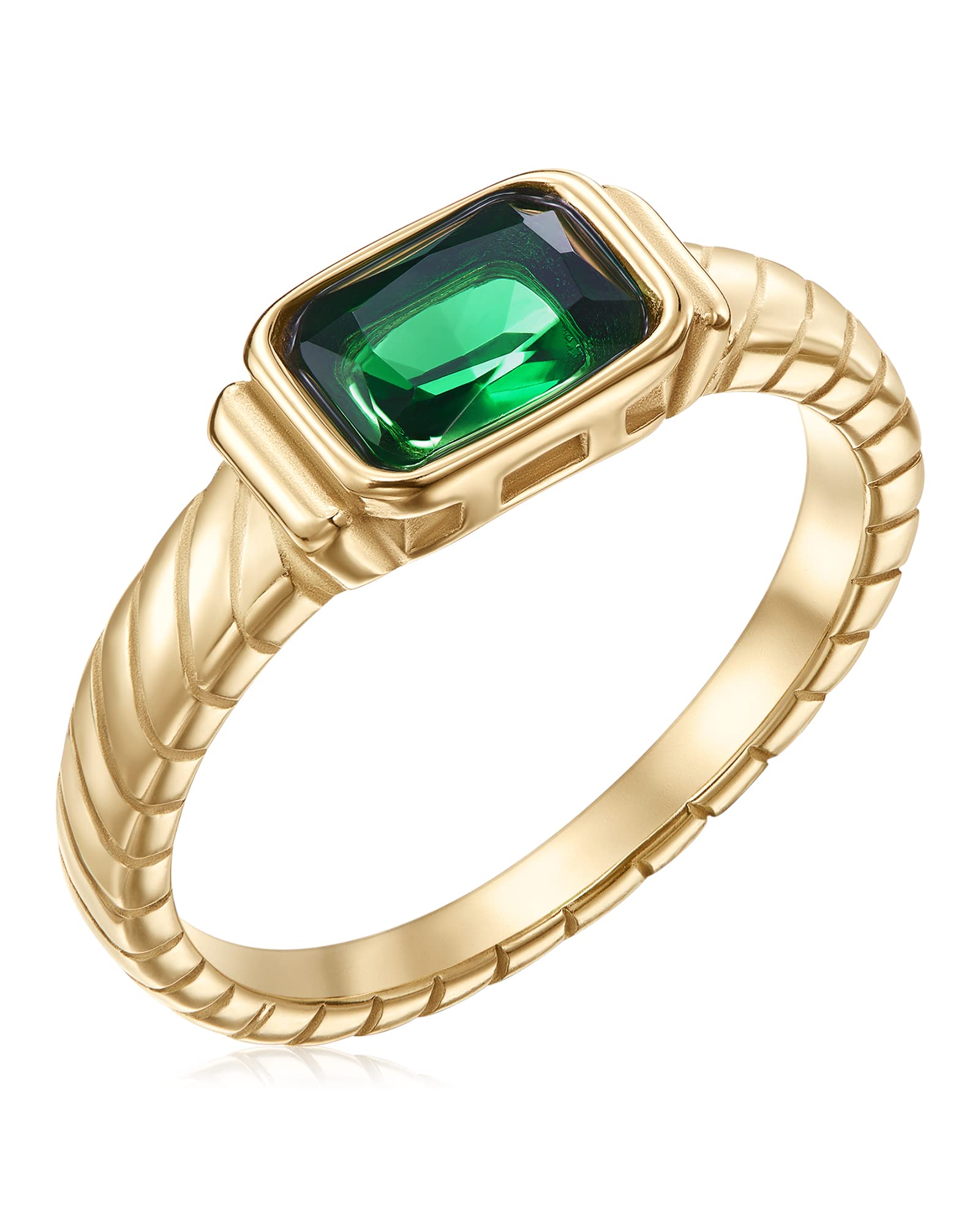 14K Gold Plated Emerald Rings for Women - Dainty Green Gemstone Rings with CZ, Non-Tarnish, Size 6/7/8/9 - Perfect for Weddings, Anniversaries & Everyday Elegance