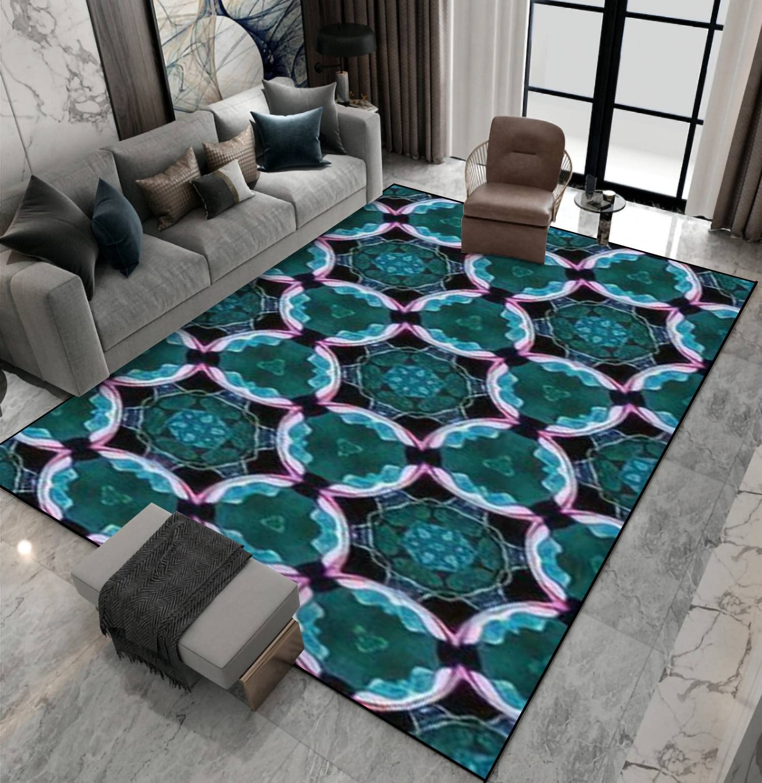 Non-Slip Abstract Lotus Pond Area Rug - Seamless Rosette Design with Lotus Leaves - Perfect for Living Room, Bedroom, Kids Room - Indoor/Outdoor Home Decor Carpet - Great as Yoga Mat, Patio Floor Mat & Doormat