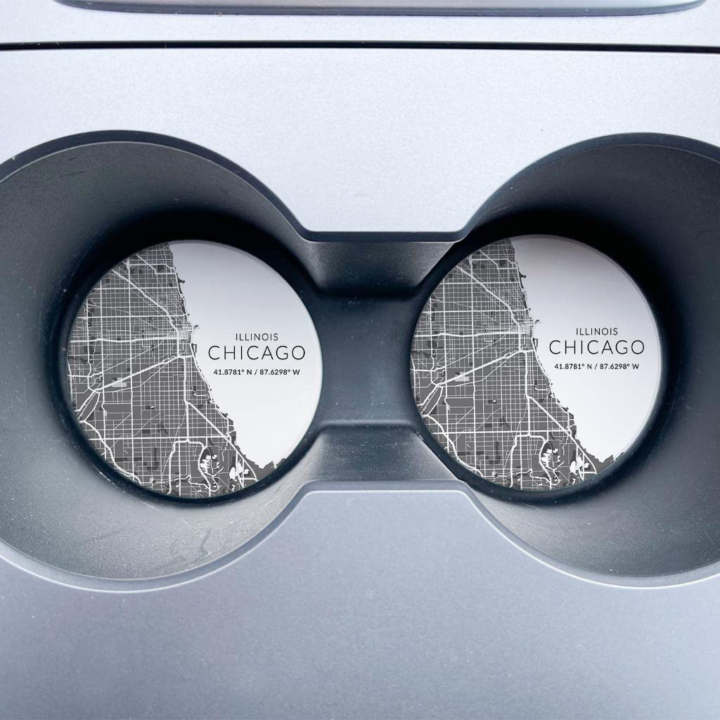 Minimalist Chicago Map Ceramic Car Coasters - Set of 2, 2.65-inch Round Cup Holder Protectors for Vehicles, Joyride Home Décor - Keep Your Car Clean & Stylish | Perfect for Road Trips, Commuting & Coffee Lovers