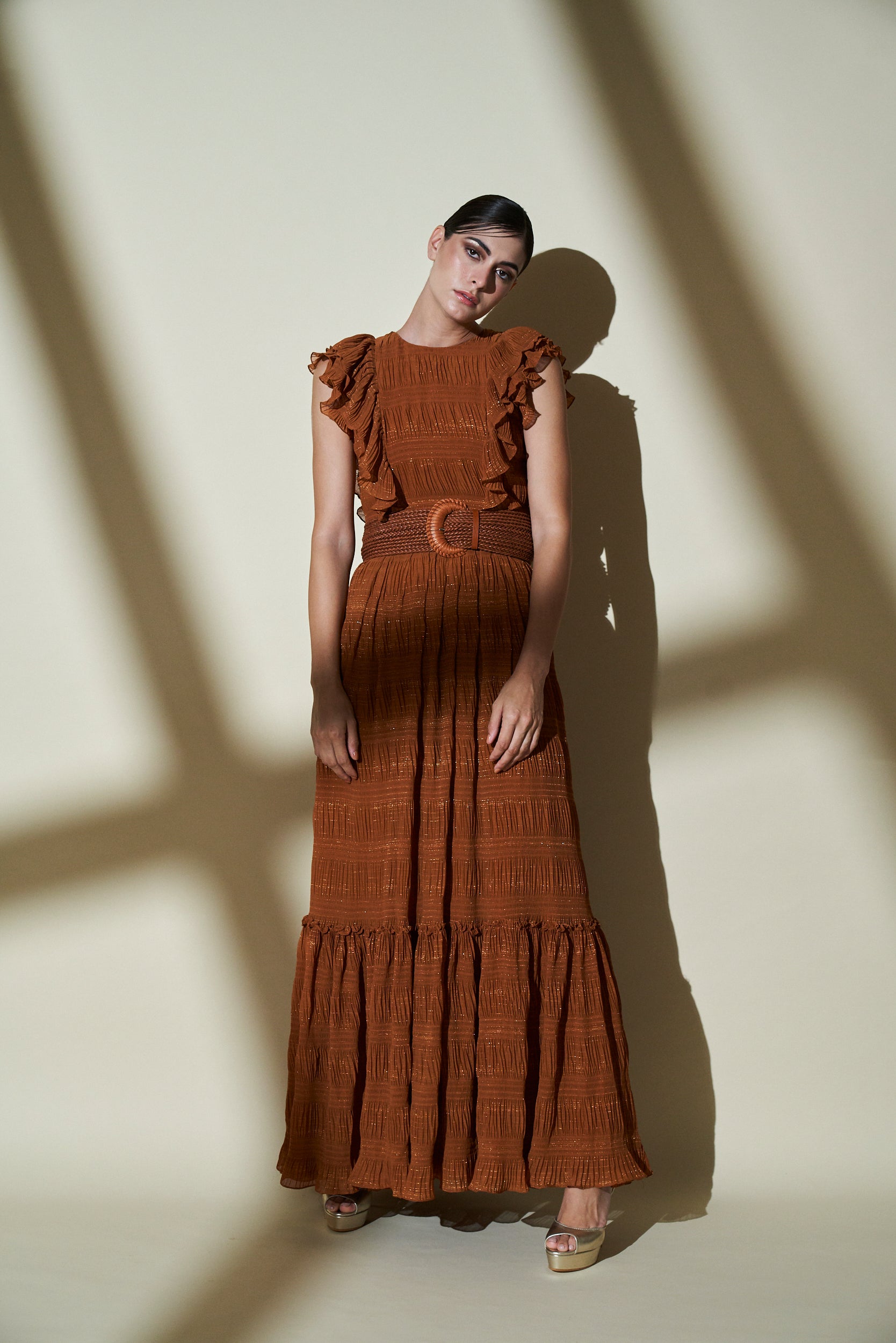 Mustard Gold Woven Zari Maxi Dress for Women - Elegant Boho Ethnic Party Gown for Weddings, Festivals & Special Occasions