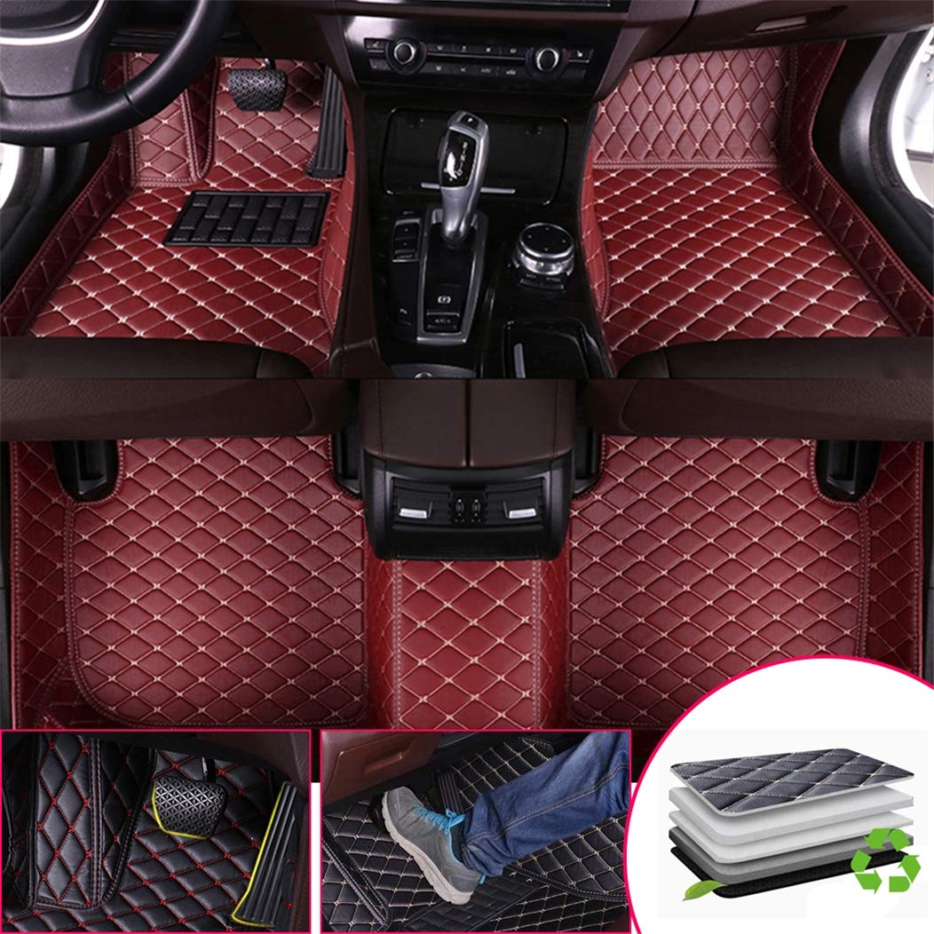 SureMart Custom Fit All-Weather Floor Mats for Honda Odyssey 2009-2014 - Premium Leather Car Mats with Armrest Cover - Front & Rear Seat Protection - Red Wine Color - Perfect for Winter, Rainy Days & Family Road Trips