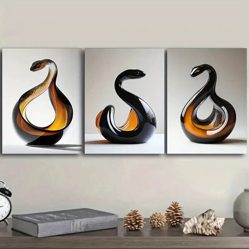 3-Piece Snake Glass Sculpture Circular Wall Art Set - Framed Canvas 40x60cm - High Quality Print - 100% Australian Made - Ready to Hang - Perfect for Living Room, Bedroom & Office Decor