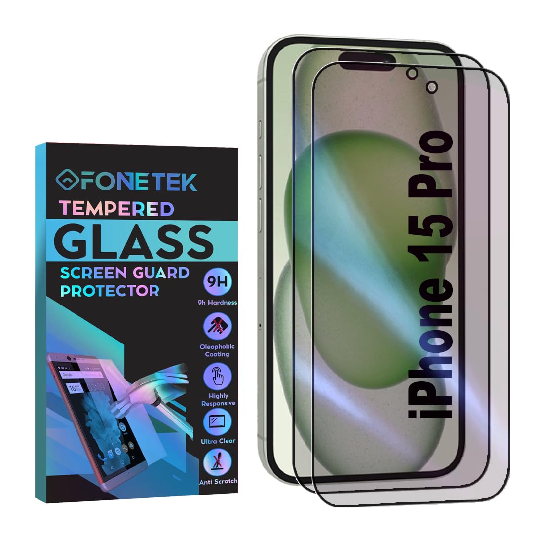 Fonetek 2-Pack Privacy Screen Protector for Apple iPhone 15 Pro/15/16 - Anti-Spy Tempered Glass LCD Guard with Case Cover - Perfect for Office, Travel & Daily Protection
