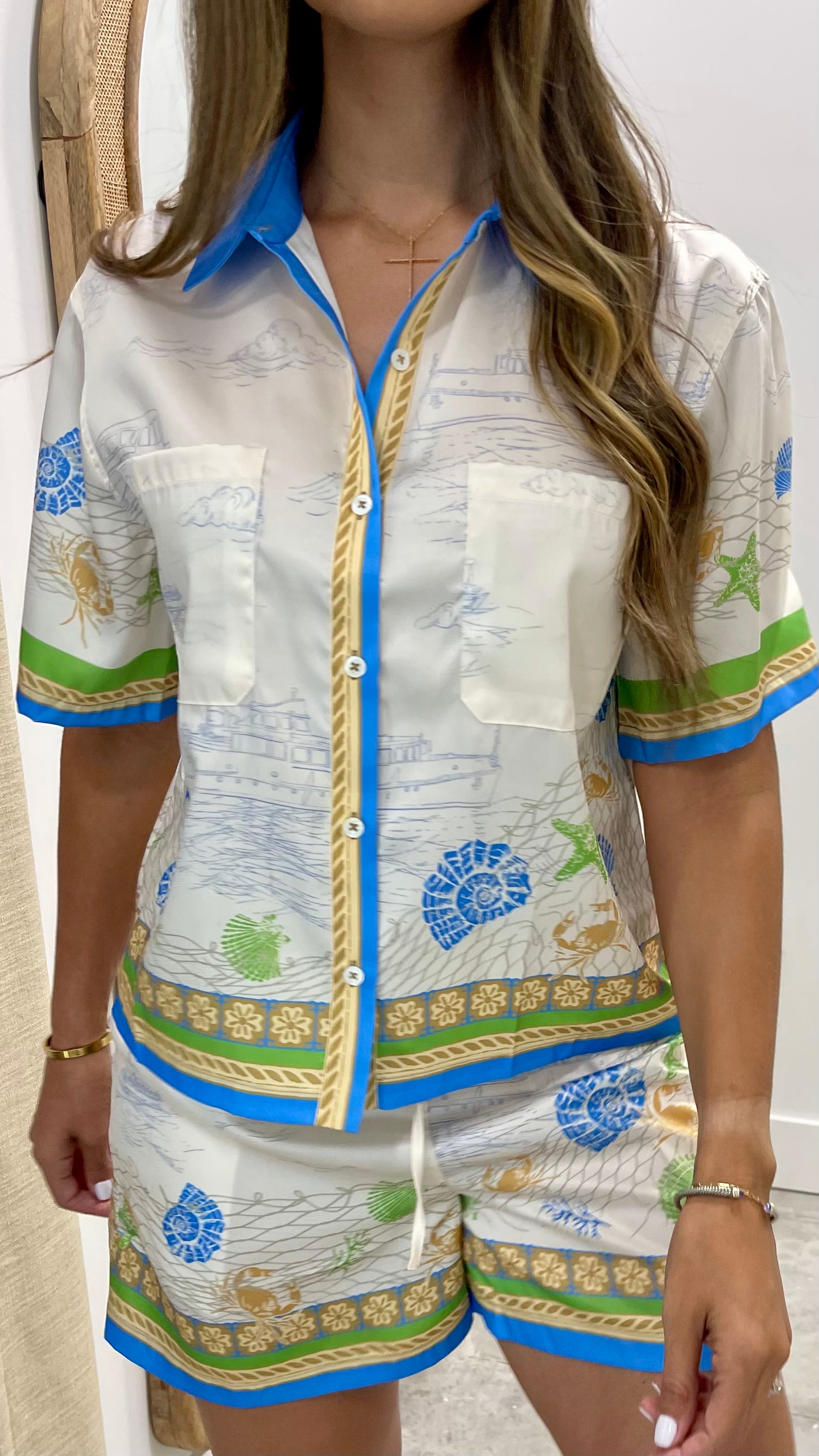 Stylish Coastal Print Button Down Short Set for Women - Perfect for Beach Vacations, Summer Outings, and Casual Wear